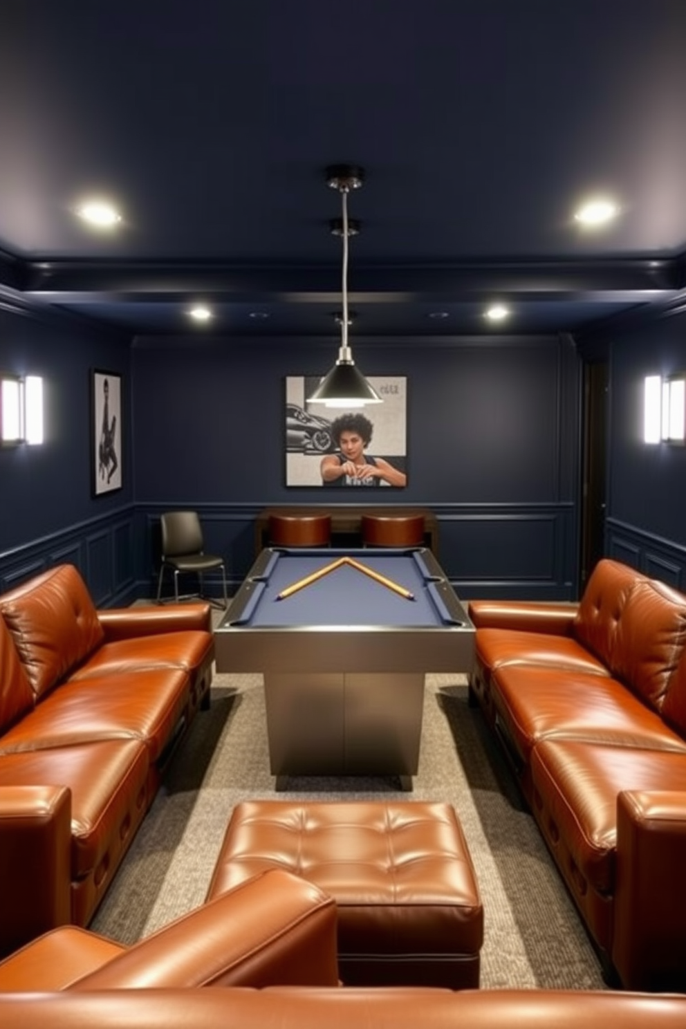 A stylish game area featuring a sleek pool table centered in the room. Surrounding the table, there are comfortable leather seating options in rich tones, creating an inviting atmosphere. The walls are painted in a deep navy blue, enhancing the contemporary feel of the basement. Accent lighting fixtures hang from the ceiling, illuminating the space while adding a modern touch.