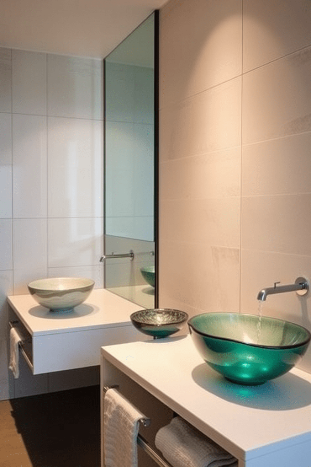 A contemporary bathroom features unique vessel sinks that serve as artistic focal points. The sinks are crafted from various materials, including glass and stone, and are set atop sleek countertops that enhance their beauty. The walls are adorned with modern tiles in neutral tones, creating a serene backdrop. Ambient lighting highlights the sinks, casting a warm glow that adds to the inviting atmosphere of the space.