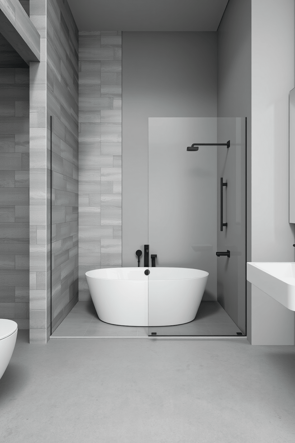 A contemporary bathroom featuring a monochromatic color scheme with varying shades of gray. The walls are clad in textured gray tiles, while the floor showcases a smooth polished concrete finish. A freestanding bathtub sits in the center, surrounded by a sleek glass shower enclosure. Minimalist fixtures in matte black contrast beautifully with the soft gray tones, enhancing the overall modern aesthetic.