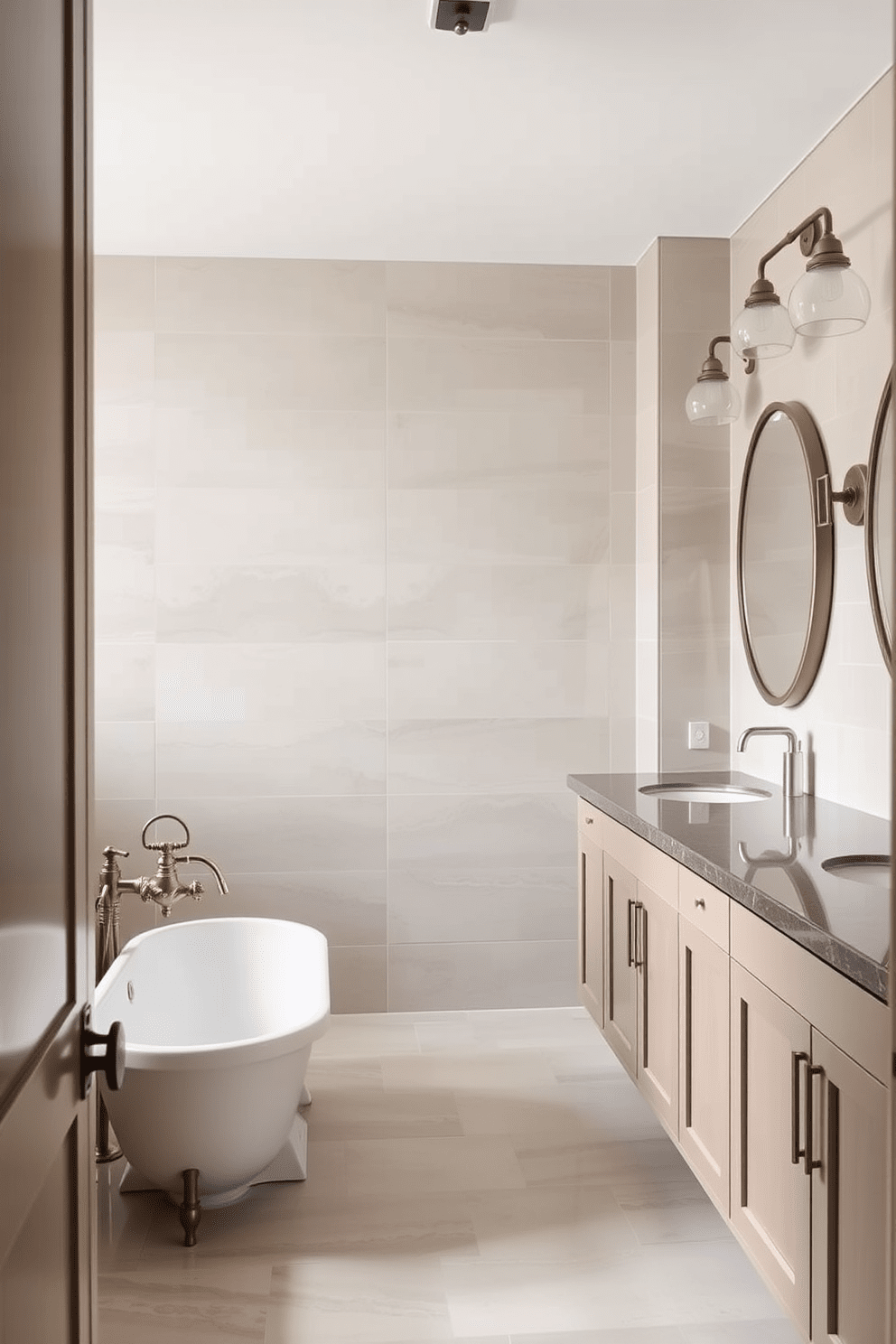 A contemporary bathroom featuring vintage fixtures that blend seamlessly with modern elements. The space includes a freestanding tub with an antique-style faucet and sleek, minimalist cabinetry. The walls are adorned with large-format tiles in a soft neutral tone, creating a calming backdrop. A stylish double vanity with a polished stone countertop complements the vintage lighting fixtures above.