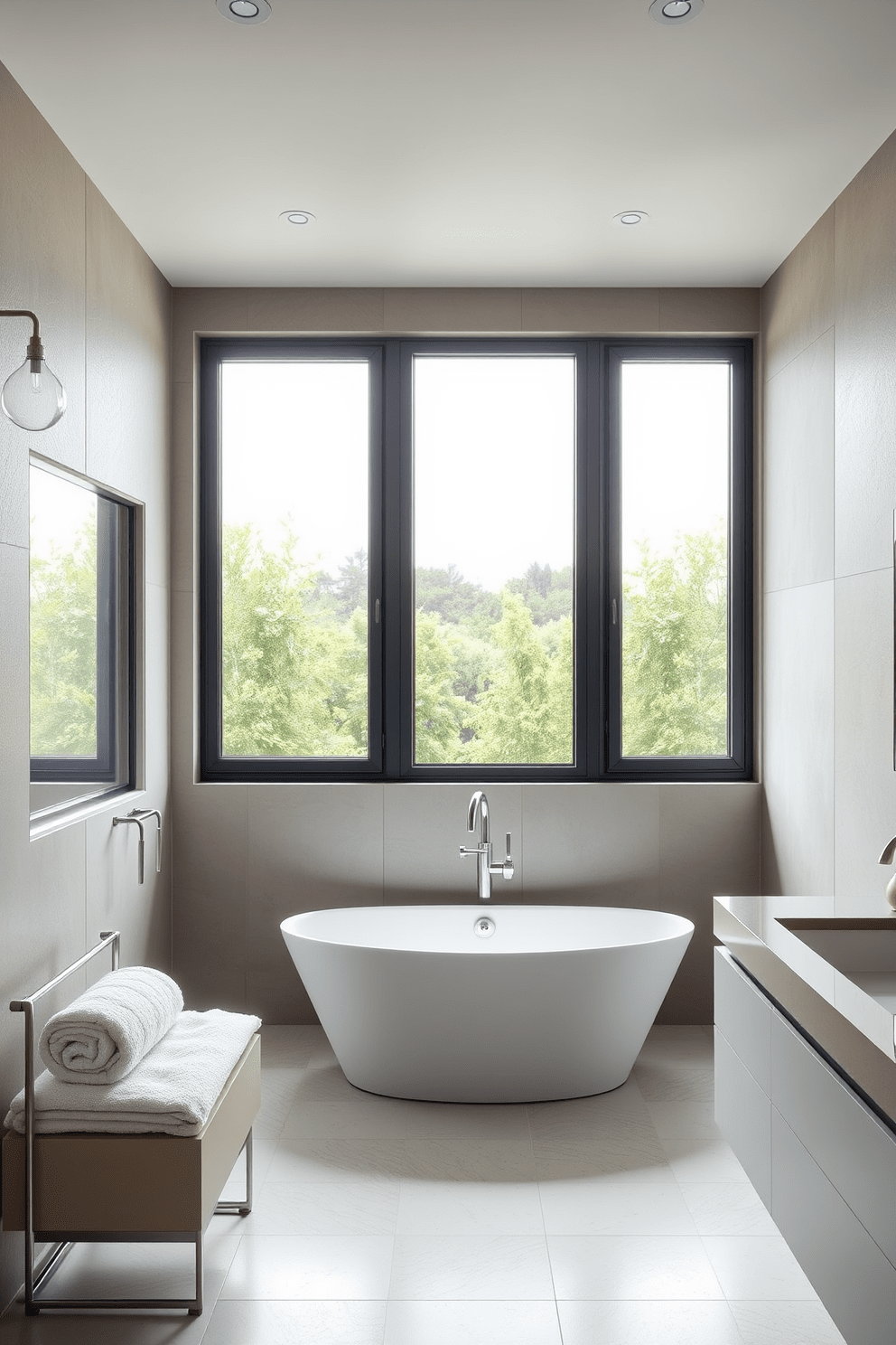 A contemporary bathroom design featuring large windows that allow abundant natural light to flood the space. The room includes a sleek freestanding bathtub positioned under the windows, complemented by minimalist fixtures and a neutral color palette. The walls are adorned with textured tiles that add depth, while a floating vanity with a modern sink enhances the clean lines of the design. Soft, plush towels are neatly arranged on a stylish rack, creating an inviting atmosphere.