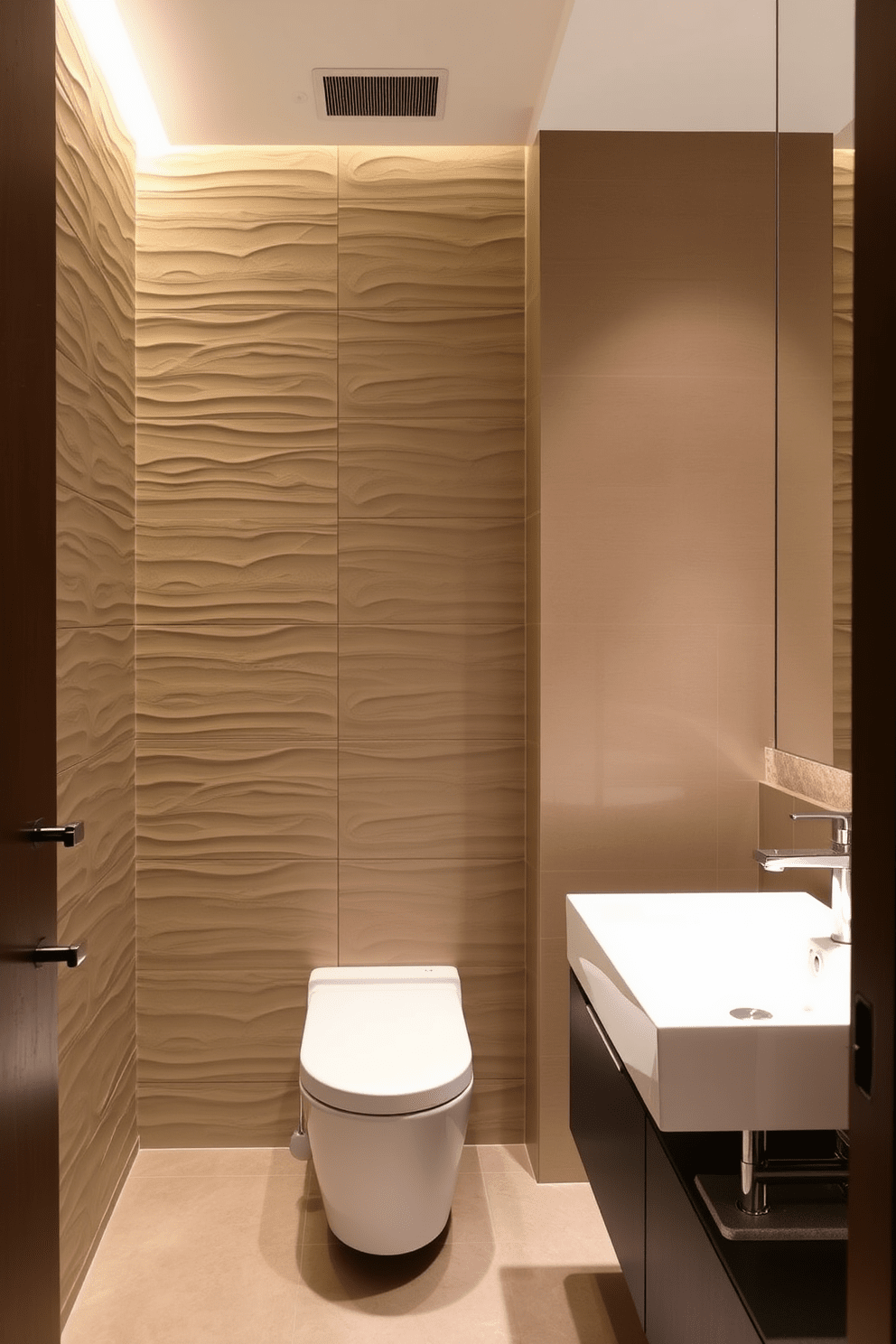 Textured wall panels create a striking backdrop that adds depth and interest to the space. The contemporary bathroom features sleek fixtures and a minimalist aesthetic, enhancing the overall modern feel.