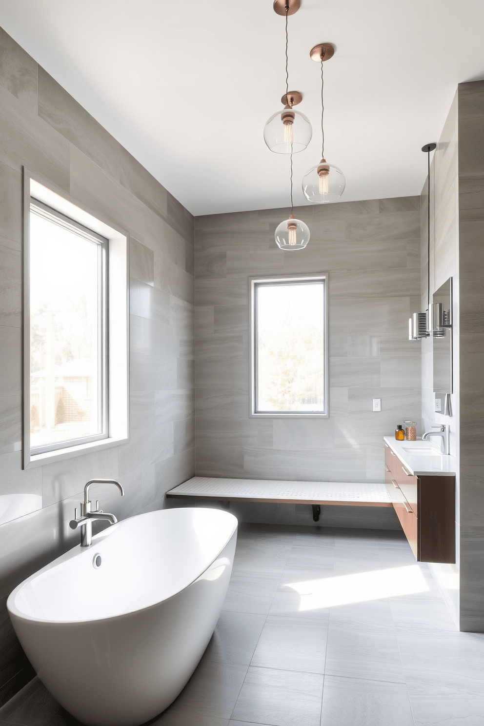 A contemporary bathroom design featuring subtle metallic accents for elegance. The space includes a sleek freestanding bathtub with brushed nickel fixtures and a large window allowing natural light to flood in. The walls are adorned with large format tiles in soft gray tones, complemented by a floating vanity with a quartz countertop. Elegant pendant lights with a metallic finish hang above the vanity, enhancing the modern aesthetic.