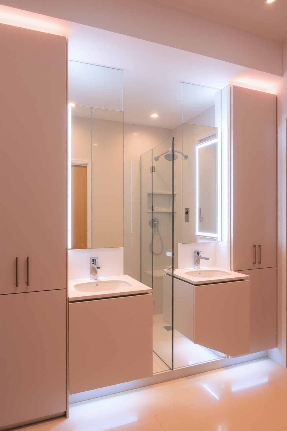 A contemporary bathroom design featuring integrated lighting within cabinetry and mirrors. The cabinetry is sleek and minimalistic, with soft LED lights highlighting the edges for a modern touch. The mirrors are frameless and illuminated from behind, creating a warm and inviting ambiance. A spacious shower area with a glass enclosure complements the overall aesthetic, enhancing the feeling of openness.