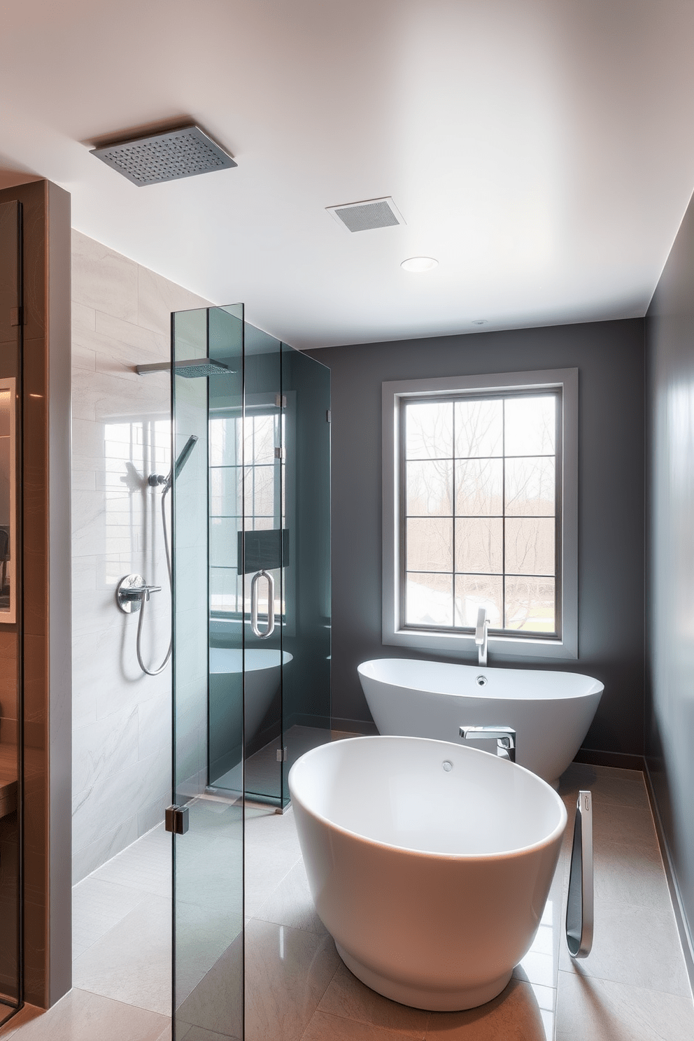 A serene contemporary bathroom featuring spa-like elements. The space includes a luxurious rainfall shower with a glass enclosure and sleek tile work. Soft ambient lighting enhances the calming atmosphere. A freestanding soaking tub is positioned near a large window, allowing natural light to fill the room.