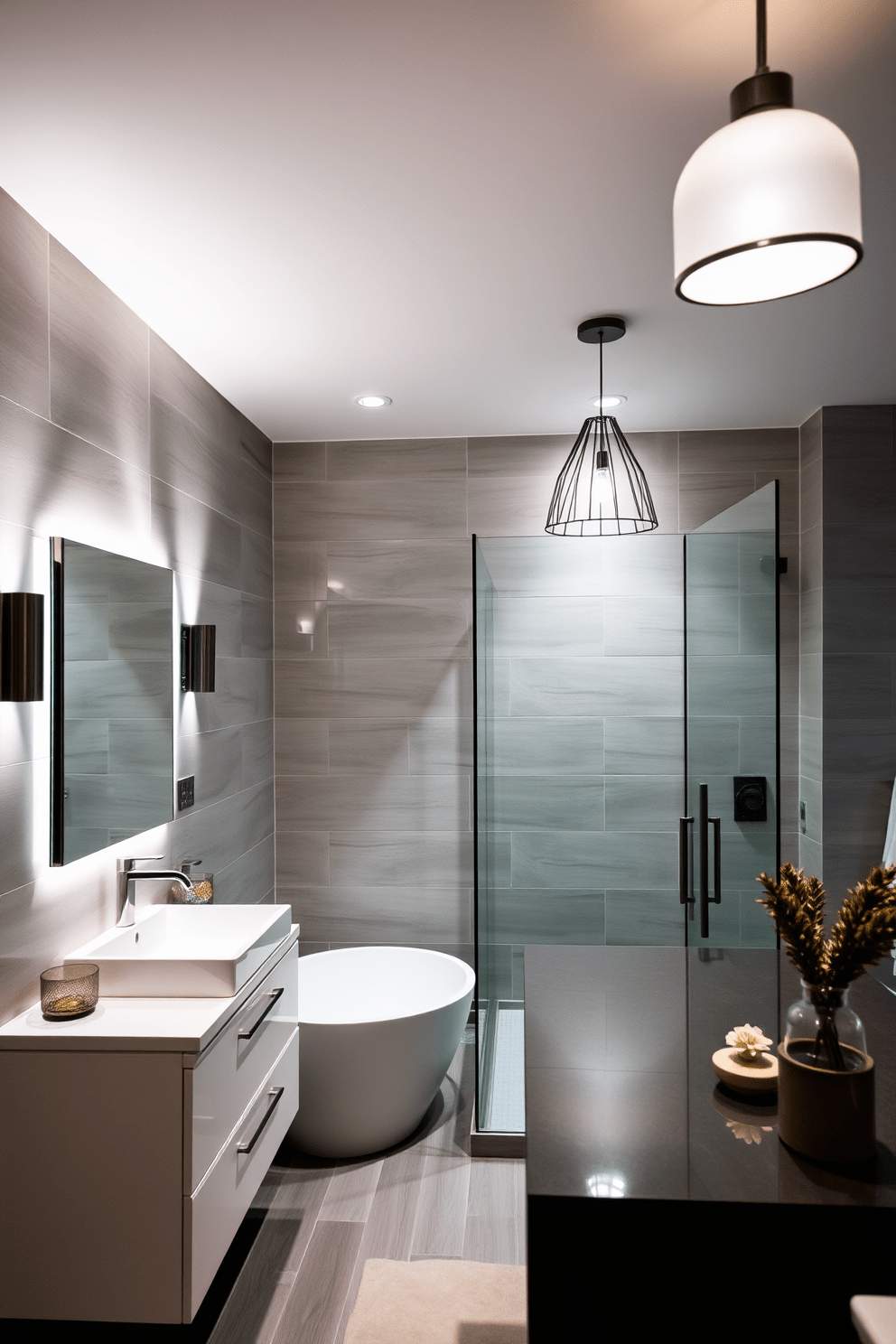 A contemporary bathroom setting featuring layered lighting that enhances both ambiance and functionality. The space includes recessed ceiling lights, wall sconces flanking the mirror, and a stylish pendant light above the bathtub. The walls are adorned with large format tiles in a soft gray tone, complemented by a sleek freestanding tub and a modern glass shower enclosure. A floating vanity with a polished countertop provides ample storage, while decorative accessories add a touch of warmth to the design.