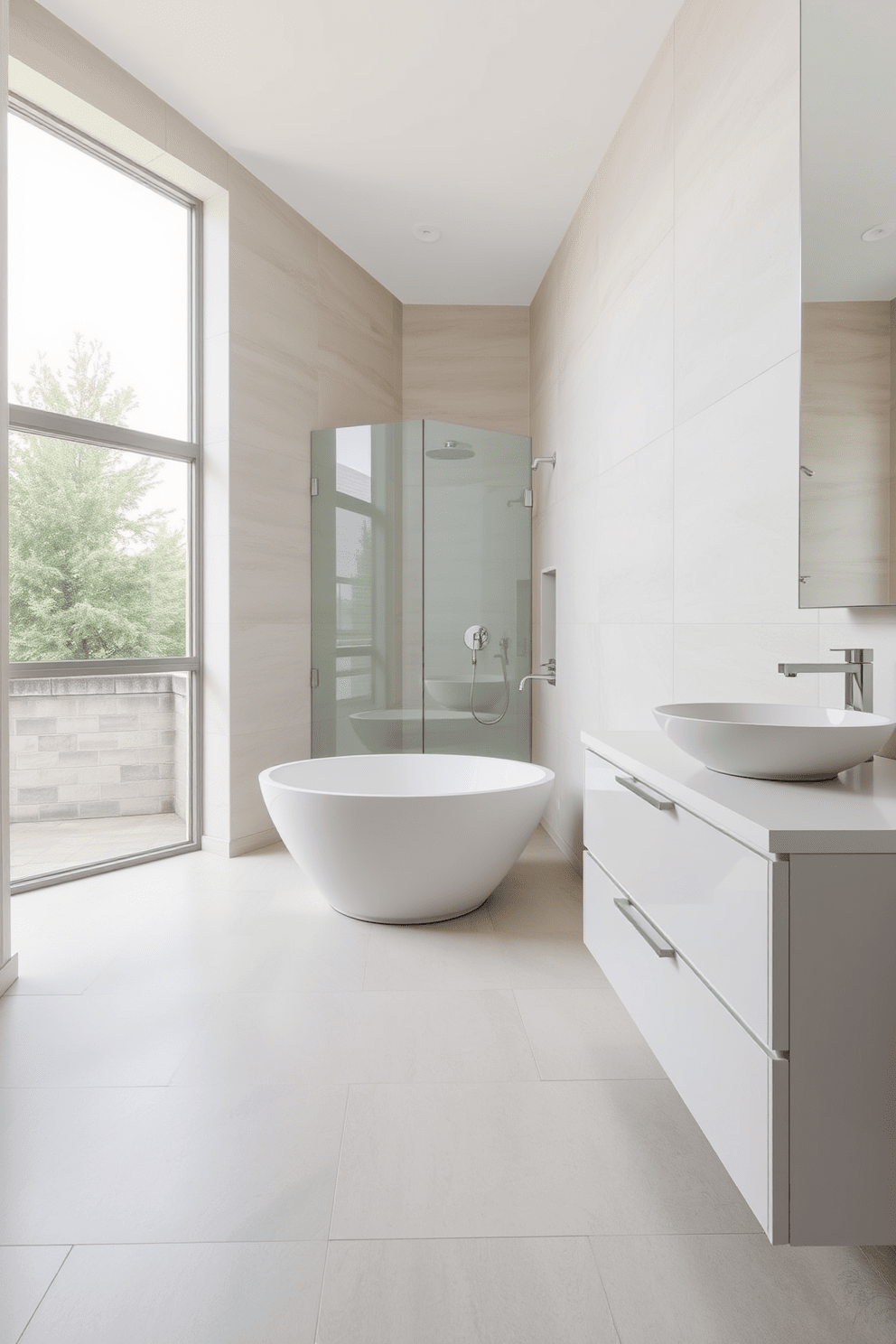 A contemporary bathroom featuring large format tiles that create a seamless and elegant look throughout the space. The walls and floor are covered in sleek, neutral tiles that enhance the modern aesthetic while providing a clean and spacious feel. The bathroom includes a freestanding soaking tub positioned against a window, allowing natural light to flood the room. A minimalist vanity with a floating design complements the tiles, showcasing a stylish vessel sink and modern fixtures.