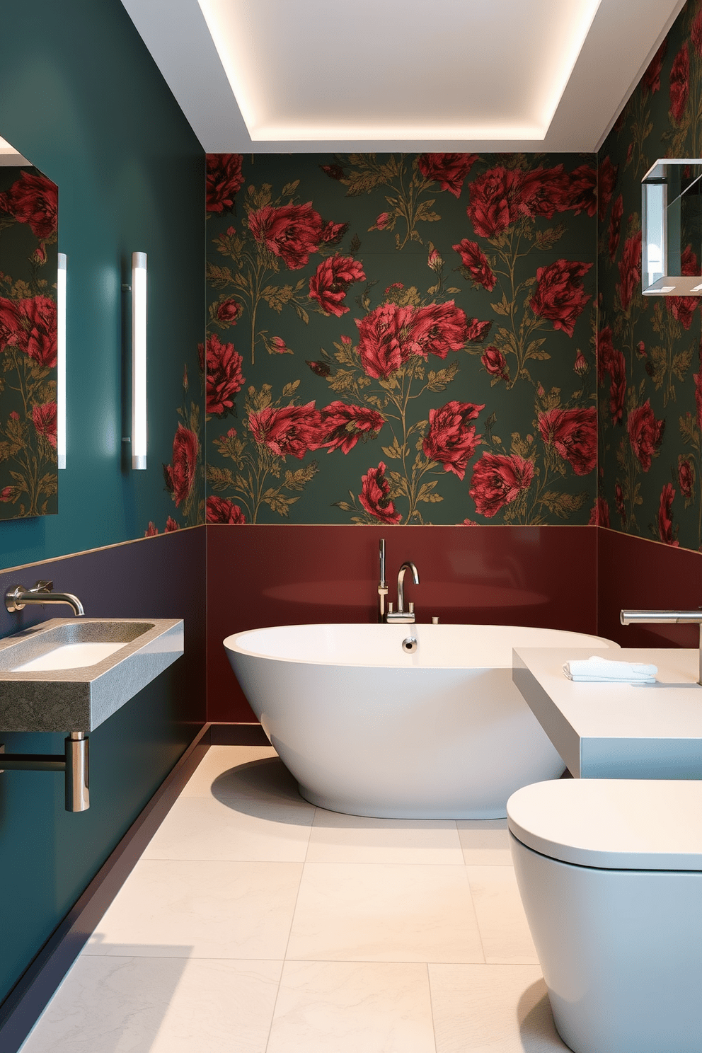 A contemporary bathroom featuring bold accent walls adorned with striking wallpaper. The space includes sleek fixtures, a freestanding tub, and modern lighting that enhances the vibrant colors of the walls.