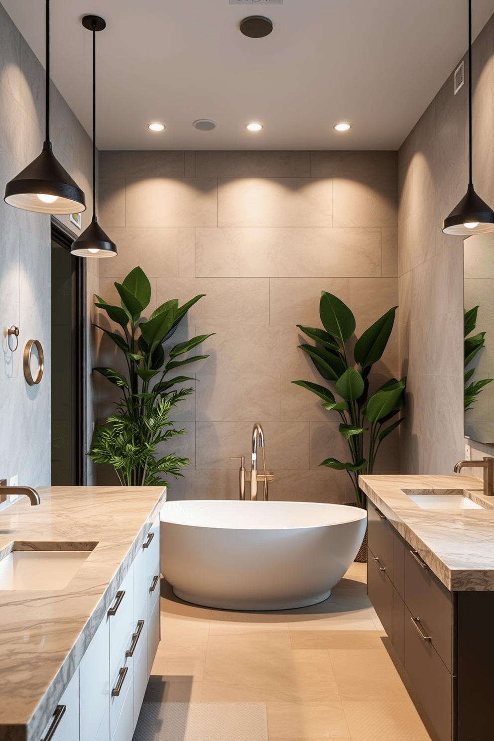 A contemporary bathroom featuring natural stone countertops that exude luxury and sophistication. The space is illuminated by sleek pendant lights, highlighting the elegant textures and finishes throughout the room. The walls are adorned with large format tiles in a neutral palette, creating a serene backdrop. A freestanding soaking tub sits gracefully in the corner, surrounded by lush greenery for a spa-like ambiance.