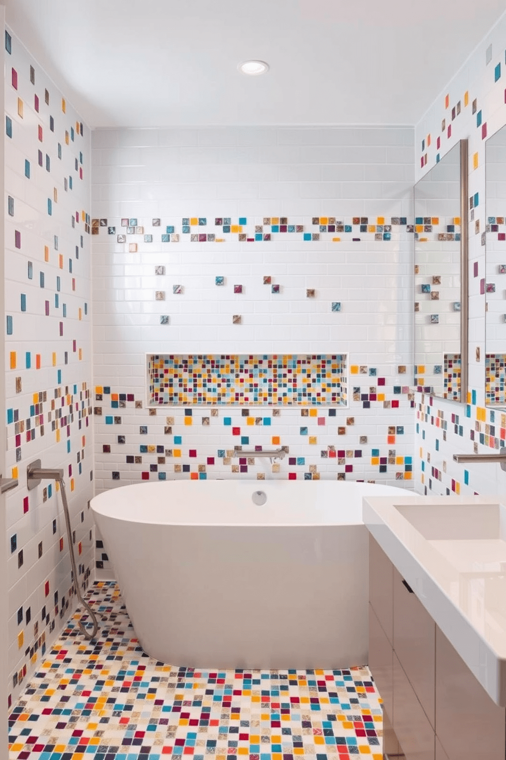 A contemporary bathroom design featuring colorful mosaics as playful accents. The walls are adorned with vibrant mosaic tiles in a variety of shapes and colors, creating a lively and dynamic atmosphere. A sleek freestanding bathtub sits in the center, surrounded by a mosaic-tiled feature wall. Modern fixtures in brushed nickel complete the look, adding a touch of elegance to the playful design.