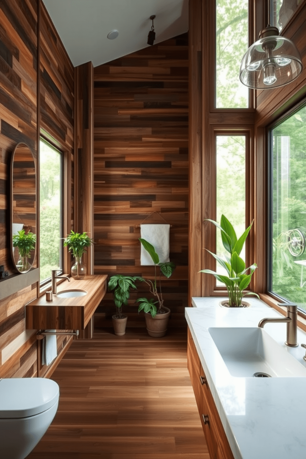 A contemporary bathroom featuring eco-friendly materials. The walls are clad in reclaimed wood, and the flooring is made of bamboo tiles, creating a warm and inviting atmosphere. The fixtures are made from recycled metals, and the countertops are crafted from sustainable quartz. Large windows allow natural light to flood the space, highlighting the greenery from potted plants placed throughout the room.