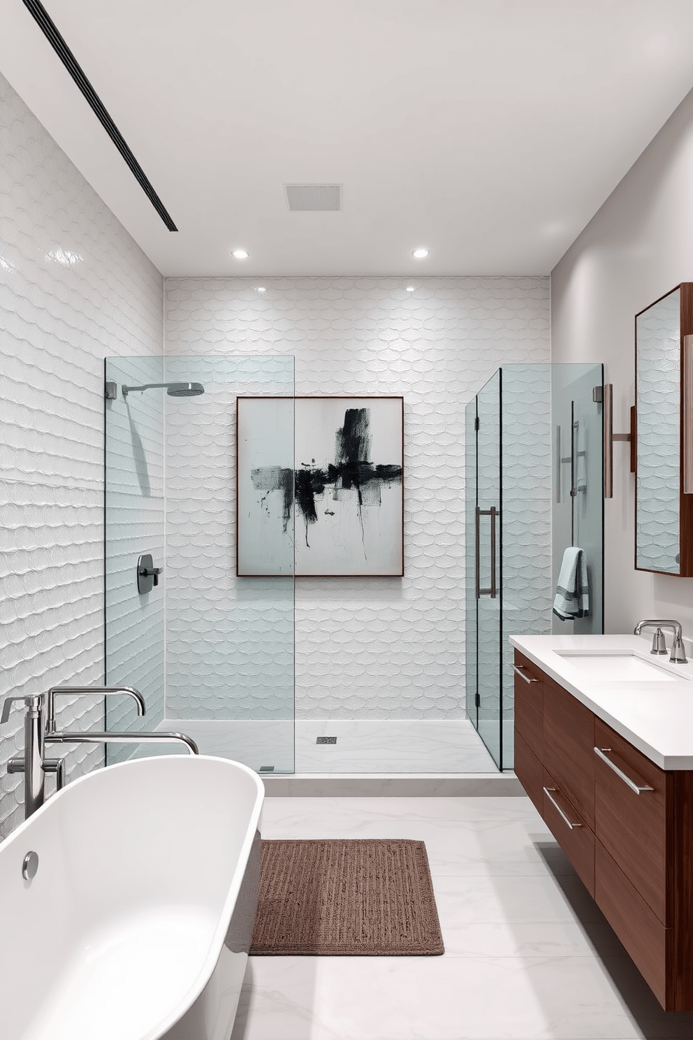 A contemporary bathroom design features sleek lines and a balanced mix of classic and modern elements. The space includes a freestanding soaking tub with elegant chrome fixtures, complemented by a large walk-in shower with frameless glass doors. The walls are adorned with textured white tiles that add depth, while a floating vanity in a rich wood finish provides storage and style. Accents of brushed nickel in the lighting and hardware create a cohesive look, and a large abstract painting serves as a striking focal point.