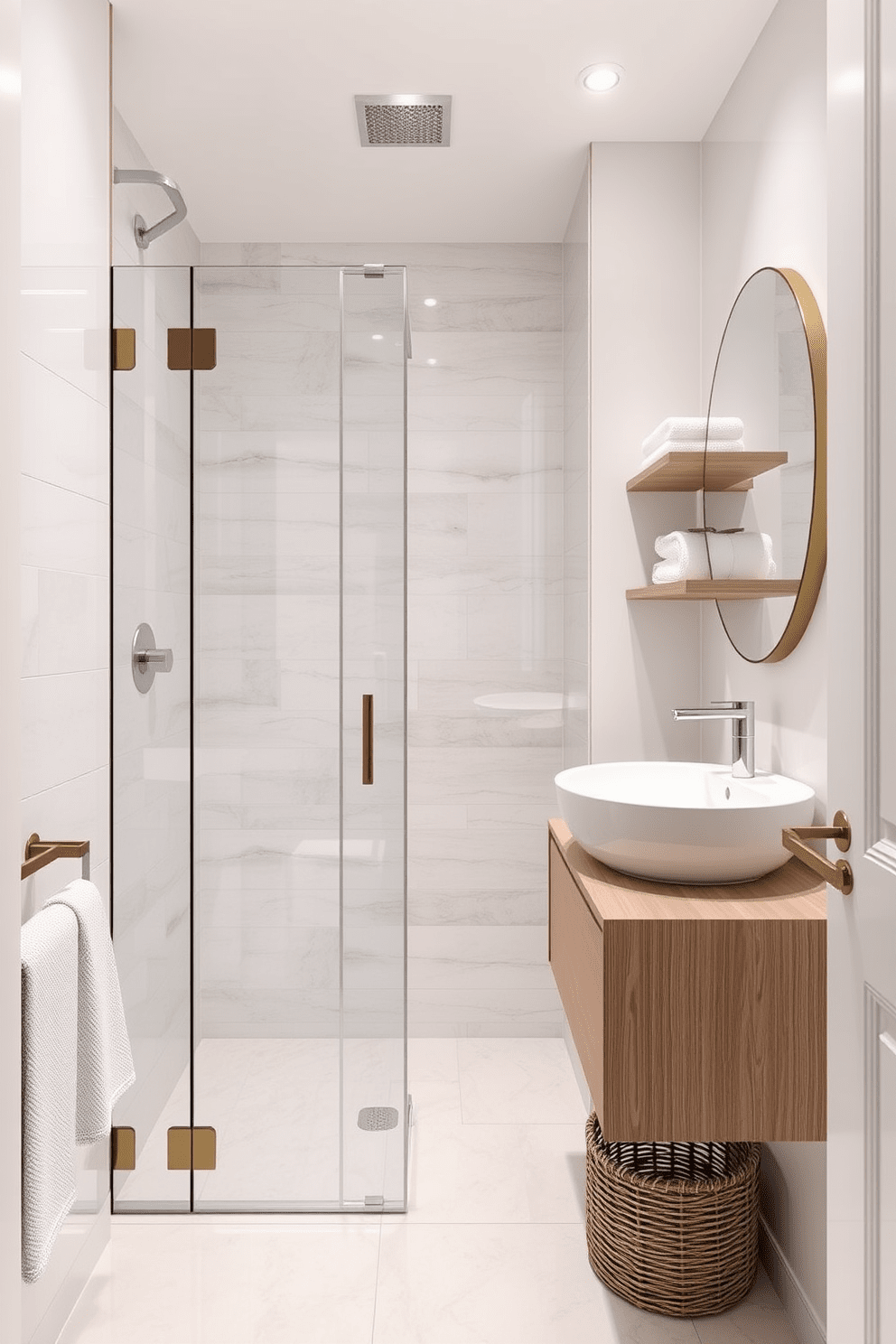 Create a contemporary bathroom design that maximizes efficiency in a small space. Incorporate sleek fixtures and smart storage solutions while maintaining a stylish aesthetic. Utilize light colors and reflective surfaces to enhance the sense of openness. Include a walk-in shower with glass doors and floating shelves for added functionality.