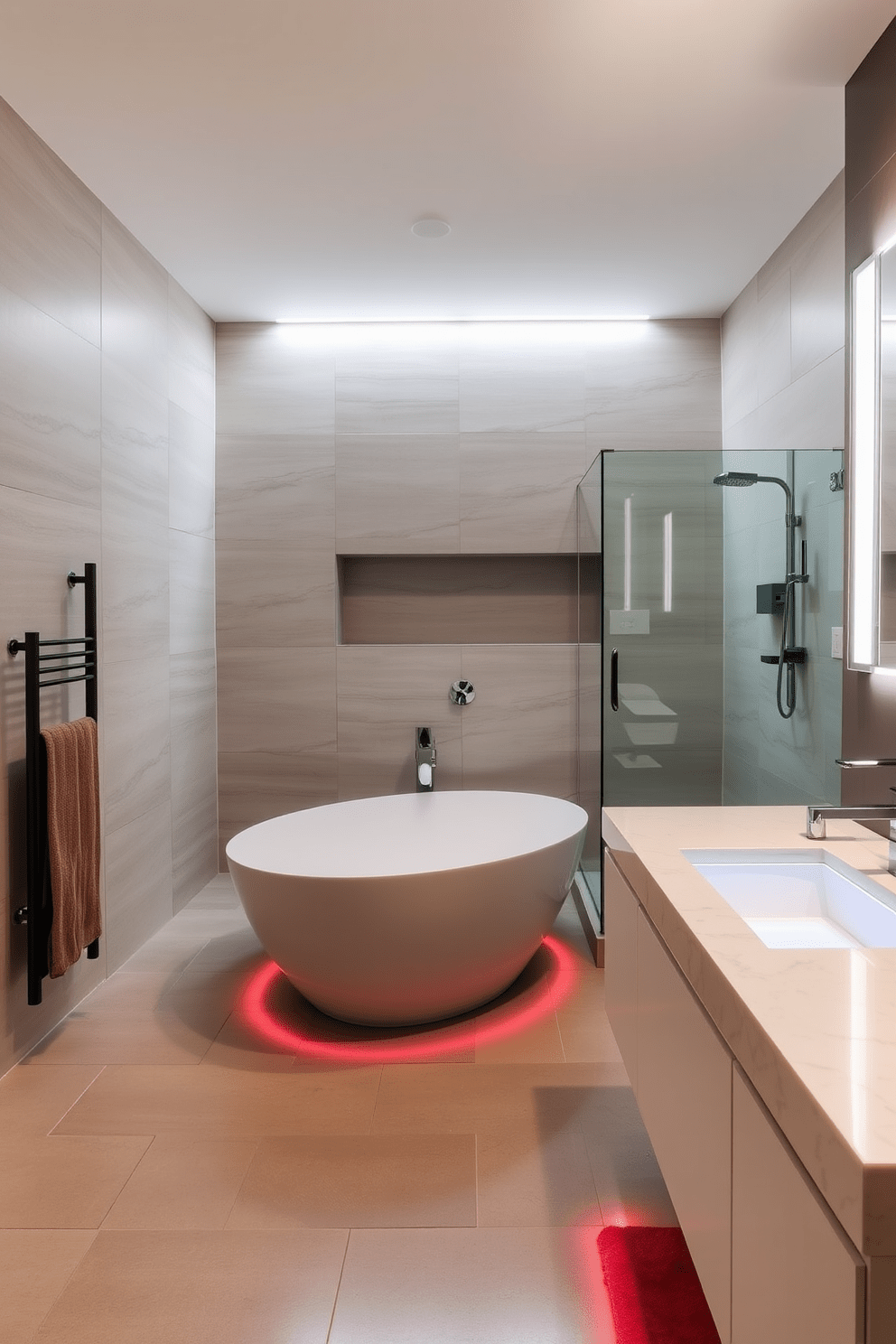 A contemporary bathroom featuring high-tech elements such as heated floors and smart lighting. The space includes a sleek freestanding bathtub and a spacious walk-in shower with a glass enclosure. The walls are adorned with large-format tiles in a neutral palette, creating a seamless look. A floating vanity with a quartz countertop and integrated LED lighting adds a modern touch.