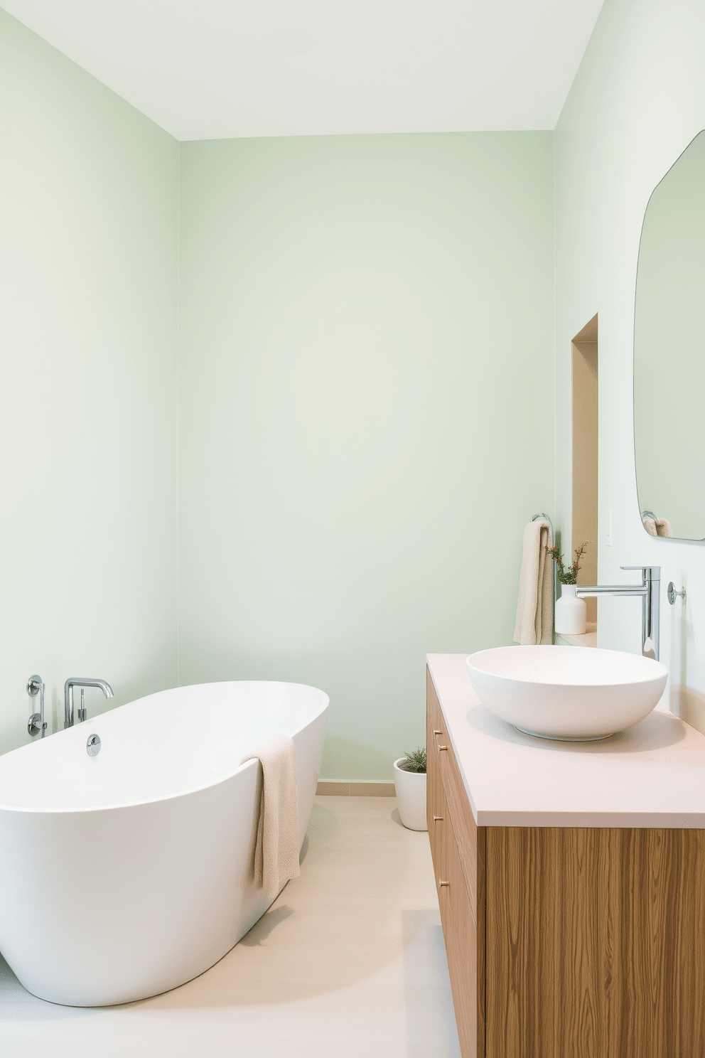 A contemporary bathroom design featuring soft pastel colors to create a calming atmosphere. The walls are painted in a light mint green, complemented by a sleek white freestanding bathtub and modern fixtures. A minimalist wooden vanity with a smooth light pink countertop holds a stylish vessel sink. Soft beige towels are neatly arranged, and a small potted plant adds a touch of greenery to the serene space.