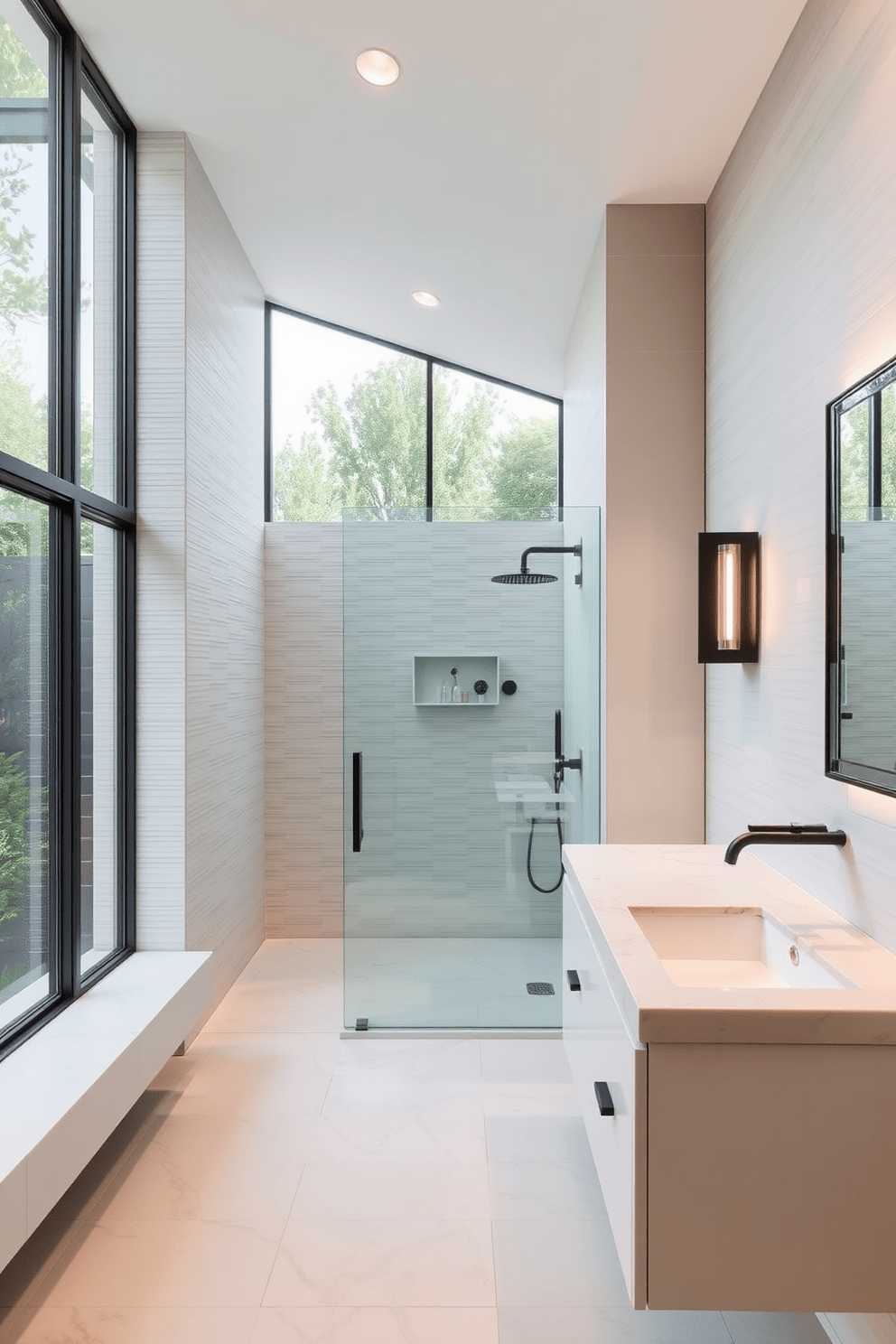 A contemporary bathroom design featuring unique architectural elements such as a floating vanity with integrated lighting. The walls showcase a textured tile design that adds depth and interest, complemented by large windows that invite natural light. The shower area is enclosed with frameless glass, creating a seamless look that enhances the spacious feel. Sleek fixtures in matte black contrast beautifully with the soft white tones of the space, while a statement mirror adds a touch of elegance.