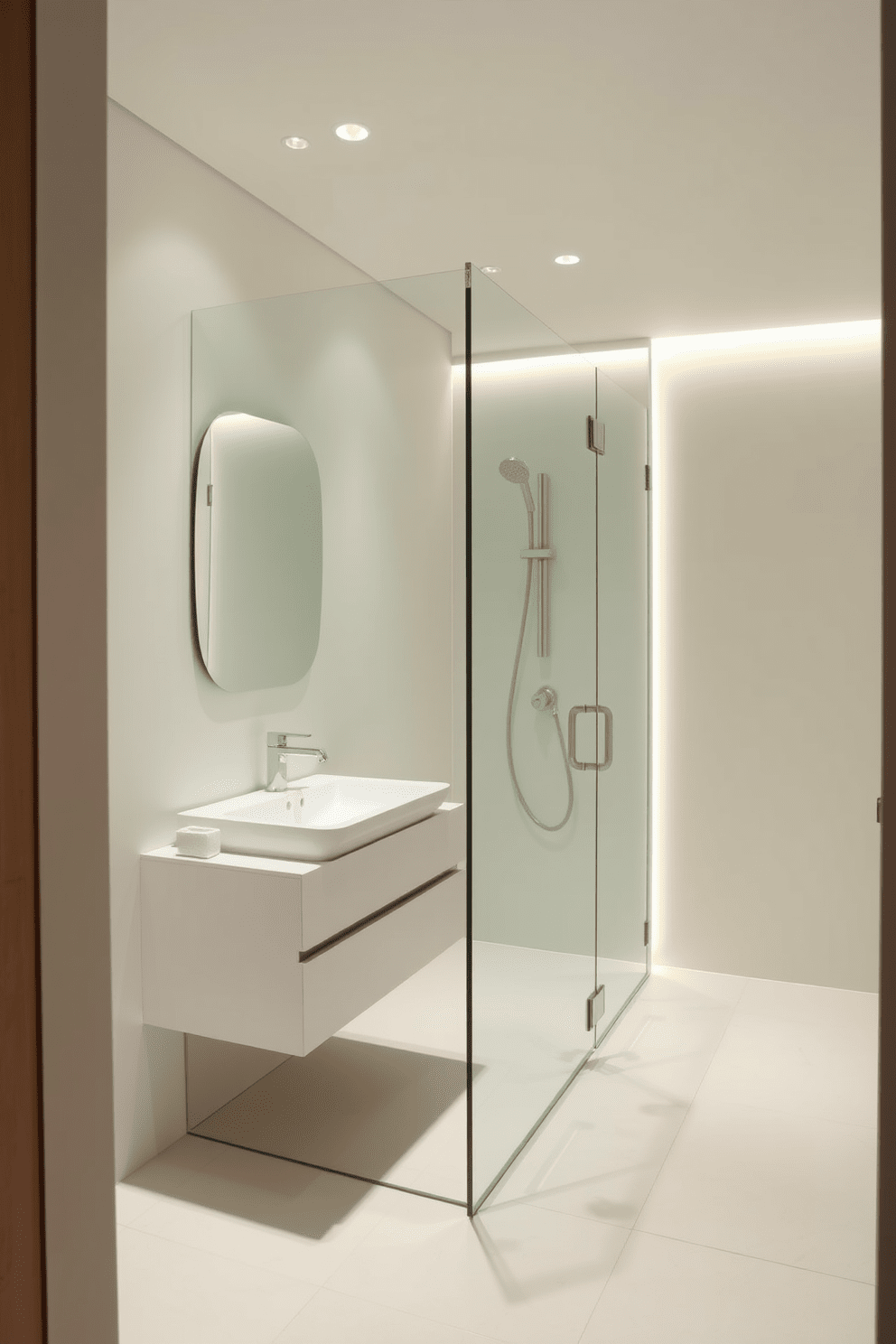 A contemporary bathroom features a minimalist glass shower enclosure that seamlessly integrates with the overall design. The space is adorned with sleek fixtures and a neutral color palette, creating a serene and uncluttered atmosphere. The floor is covered in large format tiles, enhancing the feeling of openness. A floating vanity with a simple design complements the glass enclosure, while soft lighting highlights the clean lines and modern aesthetic.