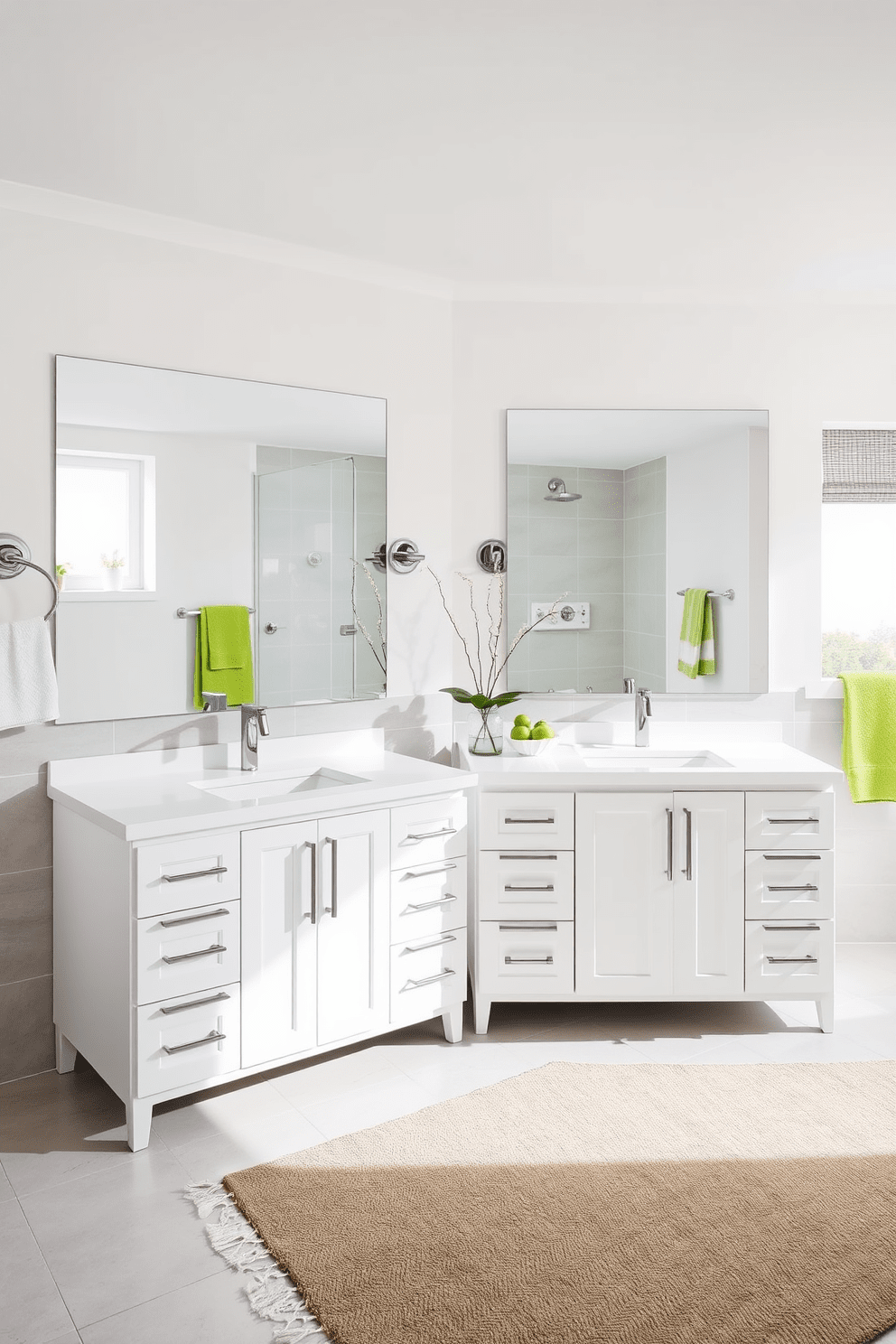 A contemporary bathroom featuring double vanities with sleek white cabinetry and polished chrome fixtures. The spacious layout includes a large mirror spanning the width of the vanities, reflecting natural light from a nearby window. The walls are adorned with a soft gray tile, providing a modern backdrop for the vibrant green accents in the decor. A stylish rug lies beneath the vanities, adding warmth and texture to the overall design.