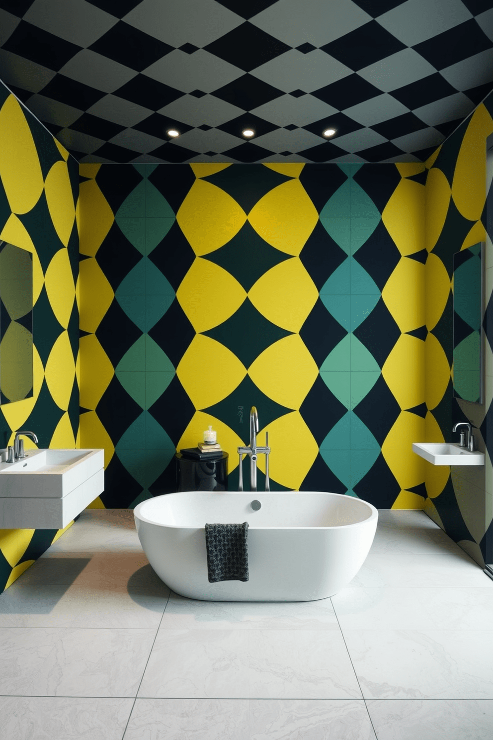 Bold geometric patterns adorn the walls of the contemporary bathroom, creating a striking visual impact. The space features sleek fixtures and a minimalist layout that enhances the modern aesthetic. A freestanding bathtub sits elegantly in the center, surrounded by stylish accessories that complement the geometric theme. The floor is covered in large tiles that echo the patterns above, tying the design together seamlessly.