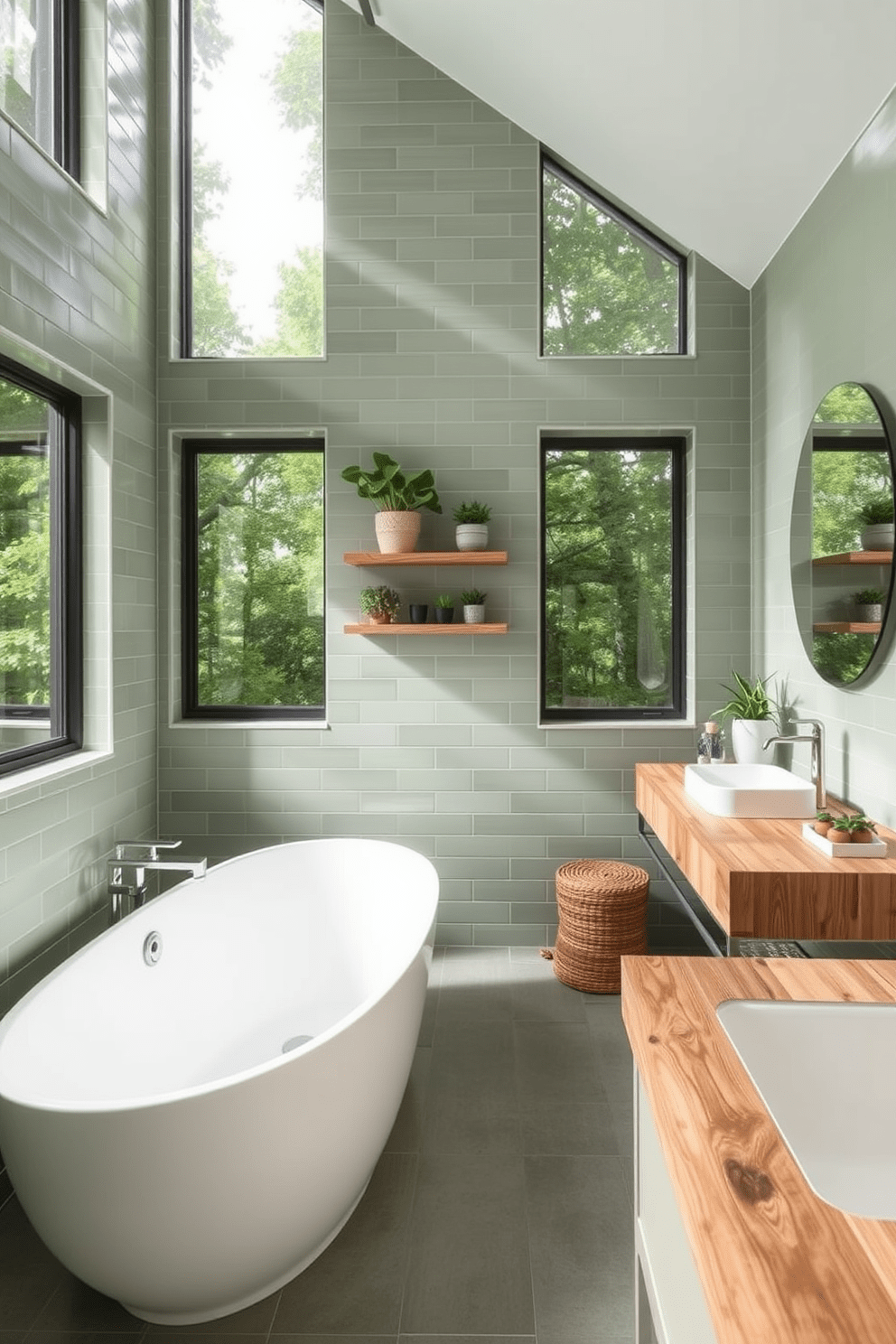 A contemporary bathroom design featuring nature-inspired color palettes with various shades of green. The walls are adorned with soft green tiles, complemented by a sleek white freestanding bathtub and a minimalist wooden shelf displaying potted plants. The vanity is crafted from reclaimed wood, showcasing a natural finish that enhances the earthy vibe. Large windows allow natural light to flood the space, creating a serene atmosphere with lush greenery visible outside.