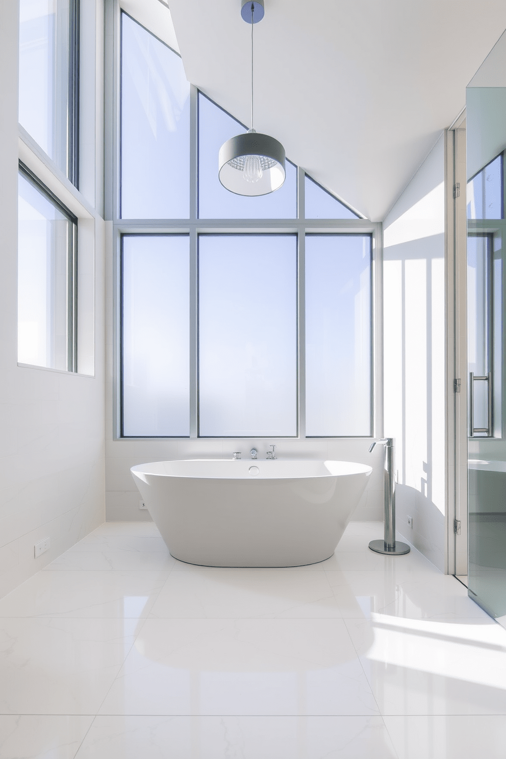 A contemporary bathroom features a freestanding soaking tub positioned centrally, creating a striking focal point. The tub is surrounded by sleek, minimalist fixtures and elegant tile work that enhances the modern aesthetic. Natural light floods the space through large windows, highlighting the clean lines and neutral color palette. A stylish pendant light hangs above the tub, adding a touch of sophistication to the overall design.