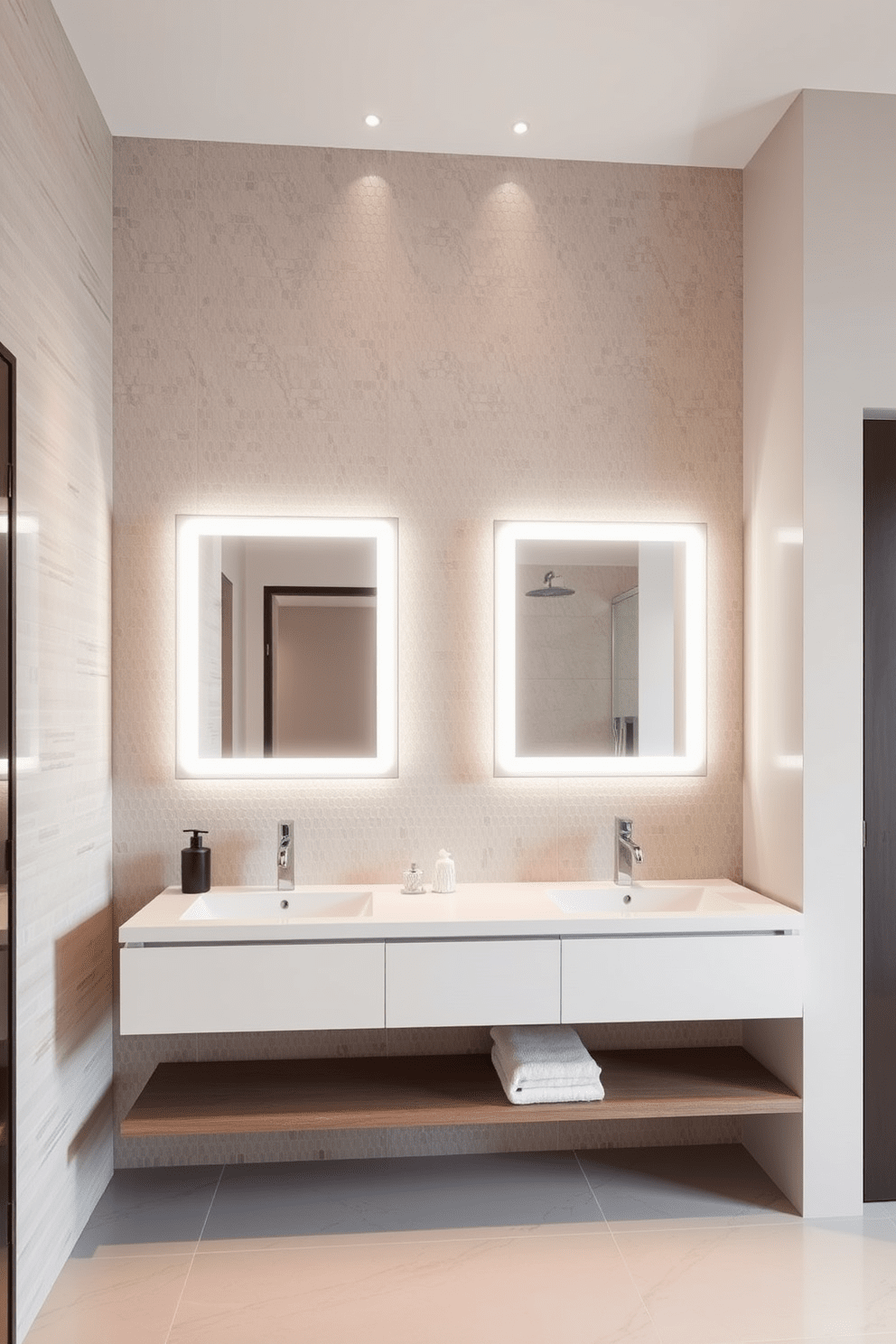 A contemporary bathroom features smart mirrors with built-in lighting that enhance both functionality and style. The sleek design integrates seamlessly into the overall aesthetic, creating a modern and inviting atmosphere. The walls are adorned with textured tiles in neutral tones, while the floor showcases large format porcelain tiles for a clean look. Minimalist fixtures and a floating vanity add to the contemporary feel, making the space feel open and airy.