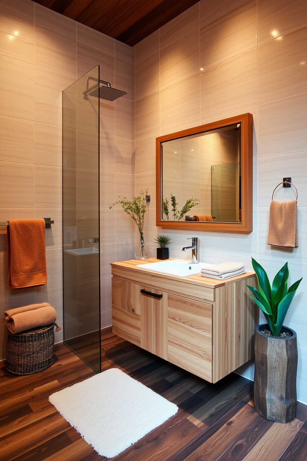 A contemporary bathroom design featuring warm wood accents to create a cozy atmosphere. The space includes a sleek wooden vanity with a natural finish and a large mirror framed in matching wood, reflecting soft ambient lighting. The walls are adorned with light beige tiles, while the floor showcases rich, dark wood planks. To enhance the warmth, decorative elements such as potted plants and plush towels in earth tones are strategically placed throughout the room.