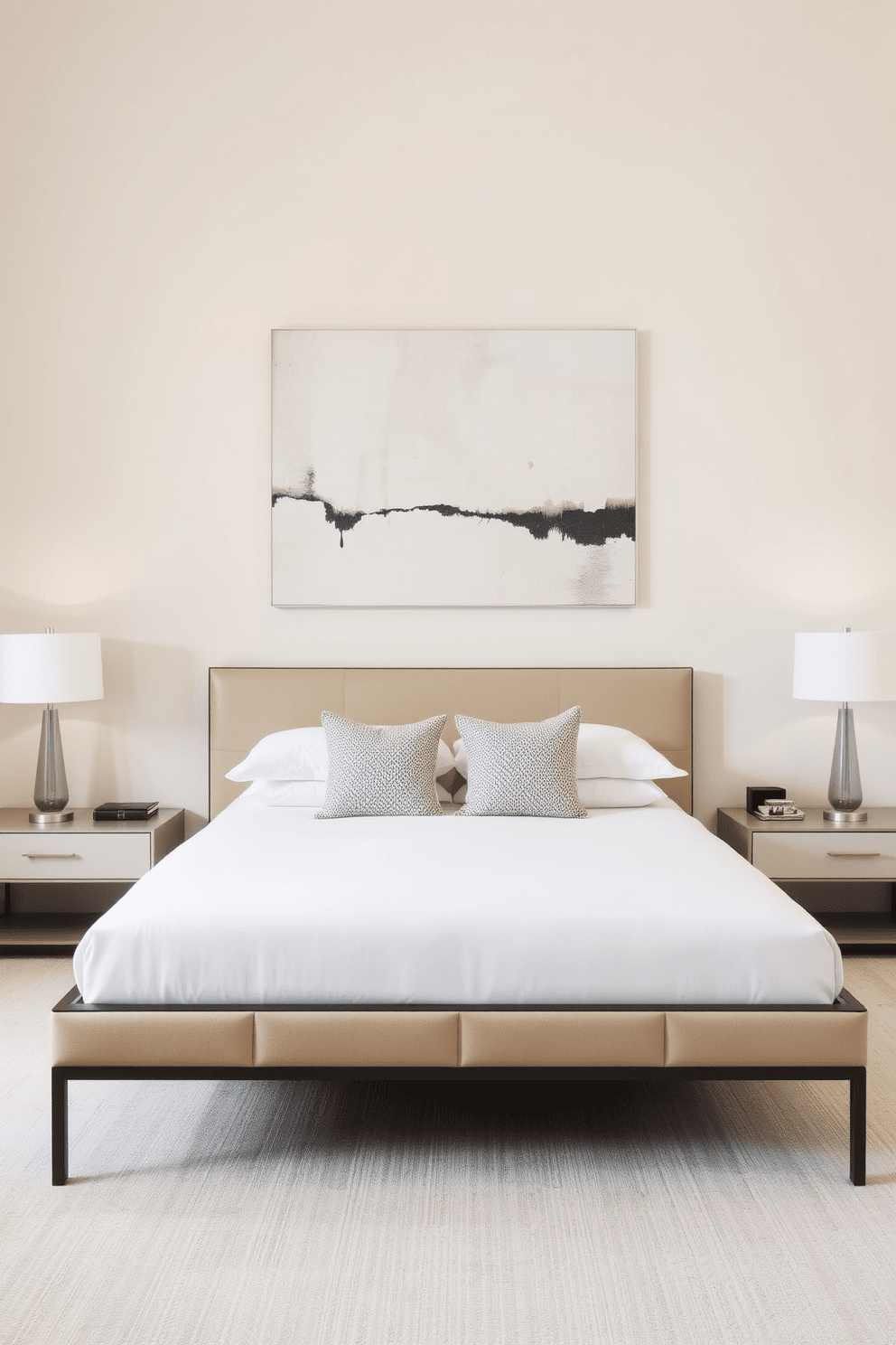 A contemporary bedroom featuring minimalist furniture in neutral colors. The bed has a simple frame with crisp white bedding and a few textured throw pillows. A sleek nightstand with clean lines sits on either side of the bed, topped with modern lamps. The walls are painted in a soft beige, and a large abstract painting adds a touch of elegance above the headboard.