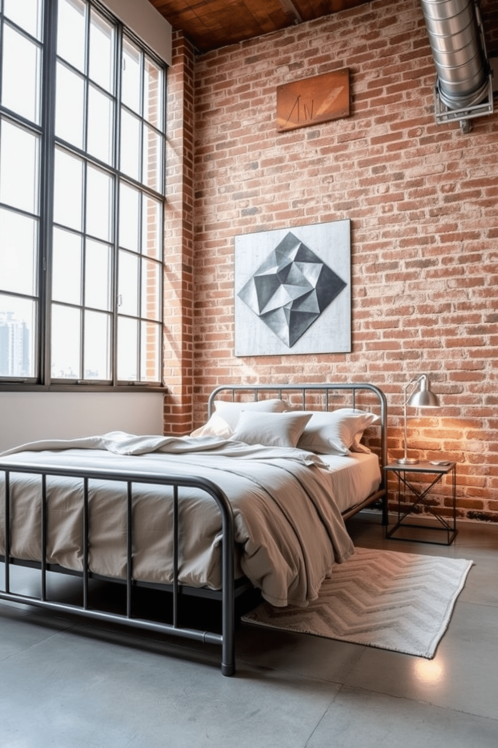 A contemporary bedroom featuring industrial elements with metal accents. The bed has a sleek metal frame with plush bedding in neutral tones, and an exposed brick wall serves as a striking backdrop. Large windows allow natural light to flood the space, highlighting the minimalist decor. A metal bedside table holds a stylish lamp, while a geometric rug adds warmth to the polished concrete floor.