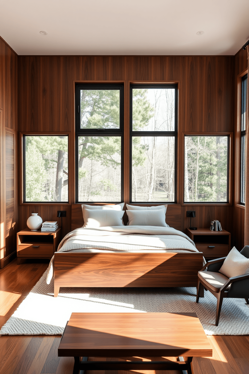 A contemporary bedroom featuring warm wood tones creates a cozy atmosphere. The bed is adorned with plush bedding and surrounded by sleek nightstands made of rich walnut. Large windows allow natural light to filter in, illuminating the soft textures of the room. A comfortable reading nook with a stylish armchair and a small bookshelf adds to the inviting ambiance.