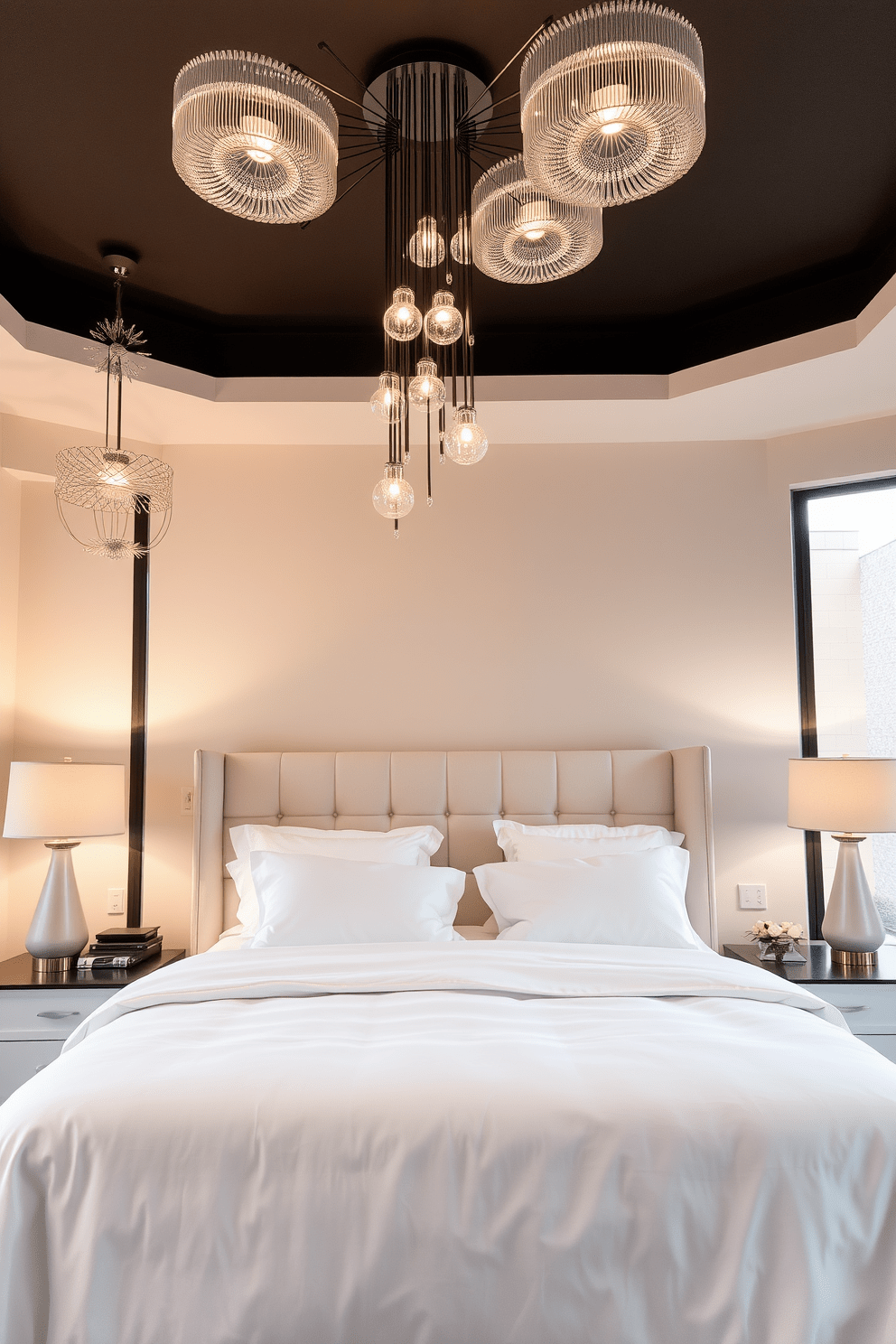 A contemporary bedroom featuring unique light fixtures as focal points. The room is adorned with a plush king-sized bed dressed in crisp white linens, complemented by a stylish headboard. Suspended above the bed, an artistic chandelier creates a stunning visual impact. Soft, ambient lighting from bedside lamps enhances the cozy atmosphere, while large windows allow natural light to flood the space.