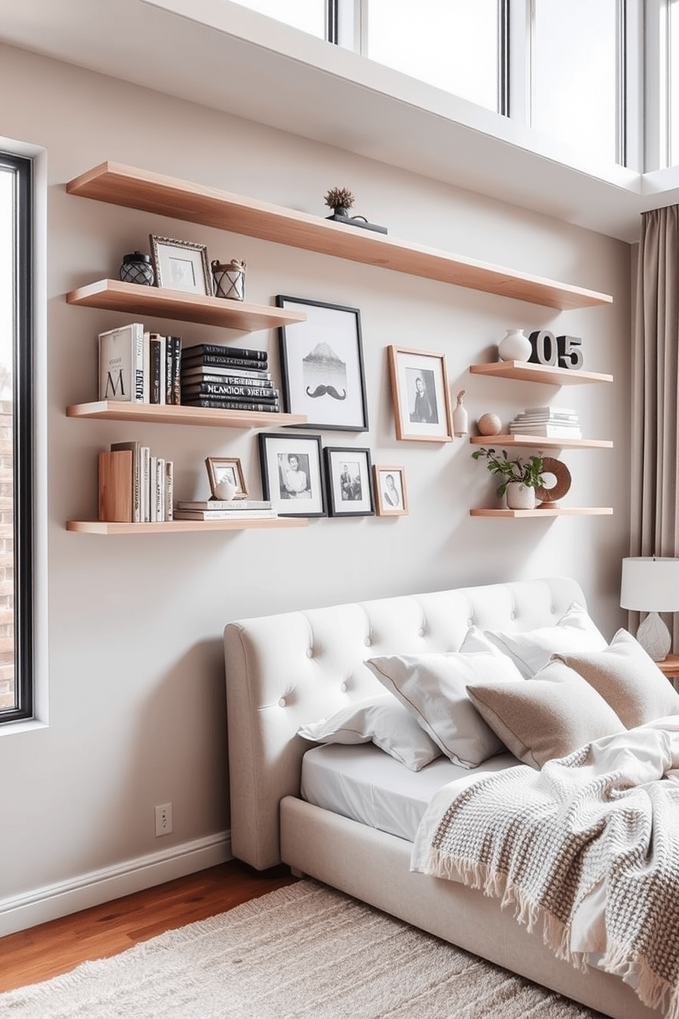 Open shelving is strategically placed on the wall, showcasing a curated collection of personal decor items such as books, framed photos, and decorative objects. The shelves are made of light wood, complementing the soft color palette of the room. The bedroom features a plush bed with a tufted headboard, dressed in crisp white linens and a textured throw blanket. Natural light floods the space through large windows, enhancing the serene atmosphere and highlighting the open shelving display.