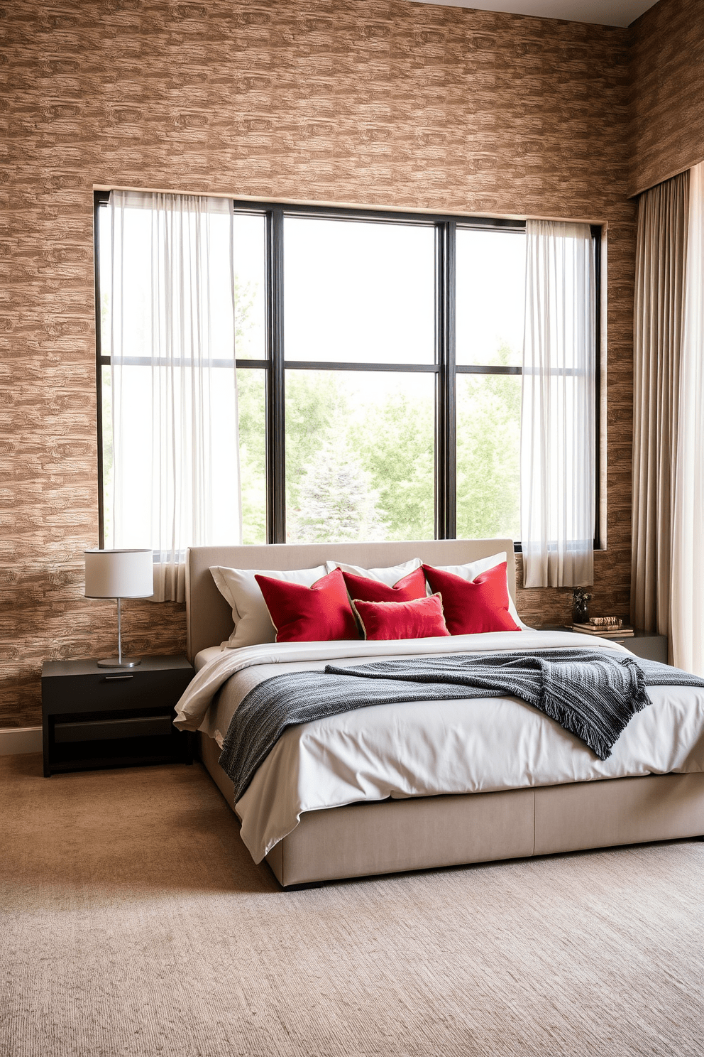 A contemporary bedroom featuring textured wallpaper that adds depth and visual interest to the space. The room is furnished with a plush king-sized bed adorned with layered bedding in neutral tones and accented with vibrant throw pillows. A sleek bedside table with a modern lamp sits on either side of the bed, enhancing the room's functionality. Large windows draped with sheer curtains allow natural light to fill the room, creating a warm and inviting atmosphere.