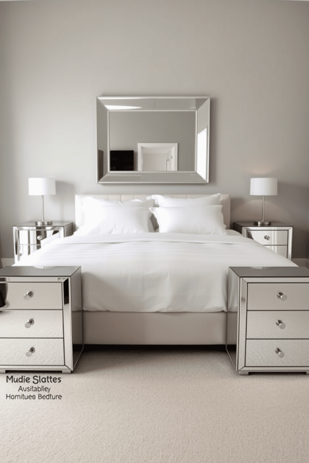 A contemporary bedroom featuring mirrored furniture that amplifies the sense of space. The bed is dressed in crisp white linens with plush pillows, and a sleek mirrored nightstand flanks each side, reflecting light and creating an airy feel. The walls are painted in a soft gray, providing a modern backdrop for the room. A large, stylish mirror hangs above a minimalist dresser, adding depth and elegance to the overall design.