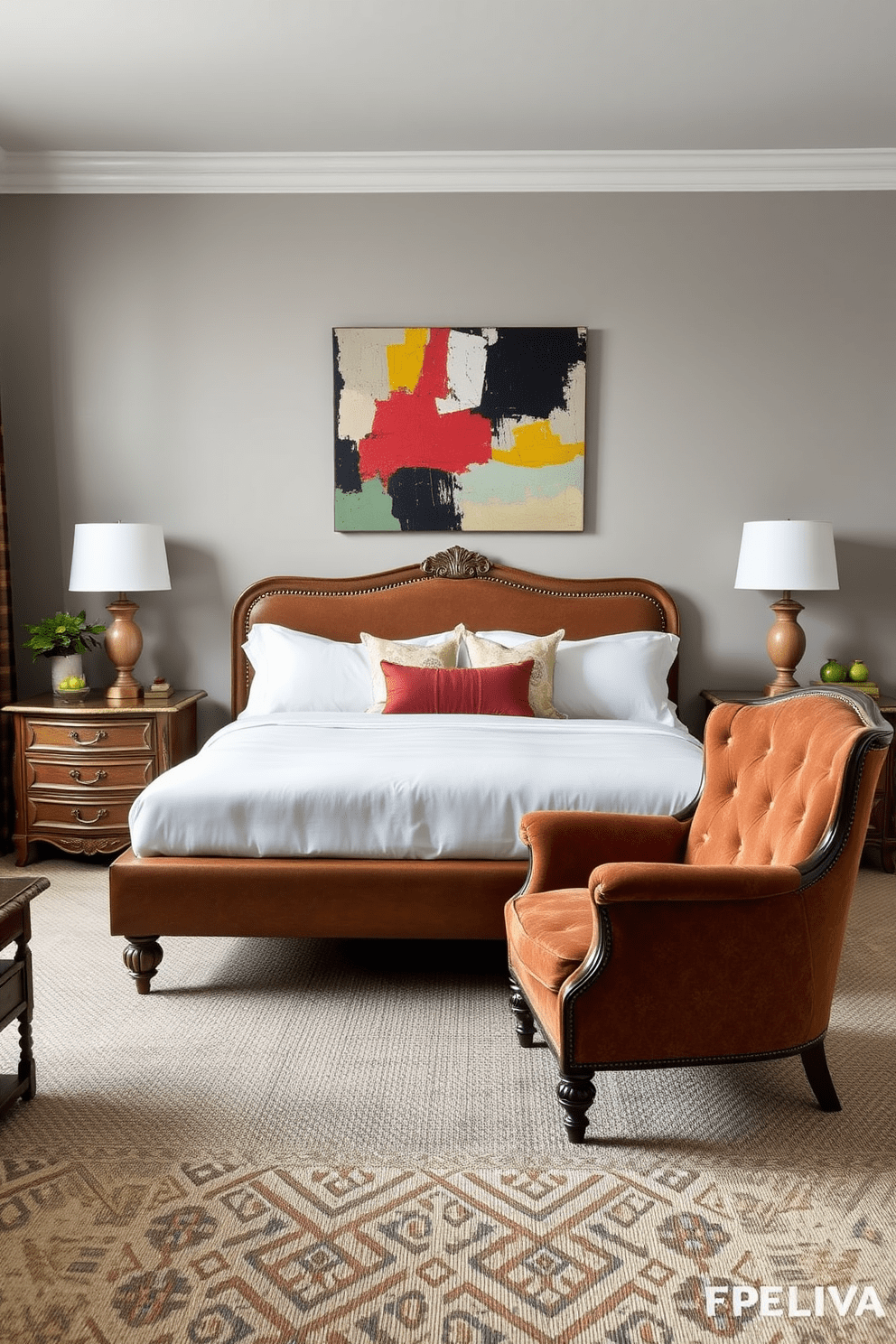 A contemporary bedroom featuring a blend of vintage and modern decor. The room is anchored by a sleek platform bed with crisp white linens, complemented by a pair of antique nightstands with ornate detailing. A large vintage armchair in a rich fabric sits in one corner, creating a cozy reading nook. The walls are painted in a soft gray, while a bold abstract painting adds a pop of color above the bed.