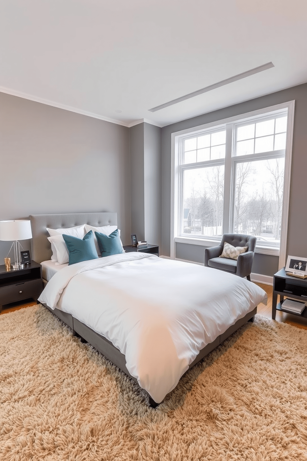 A contemporary bedroom featuring a plush area rug that defines the sleeping area, enhancing the overall warmth of the space. The bed is dressed in crisp white linens with accent pillows in shades of blue, and a sleek nightstand with a modern lamp sits on one side. The walls are painted in a soft gray, creating a calming backdrop for the room. Large windows allow natural light to flood in, highlighting a stylish armchair in the corner next to a small bookshelf.