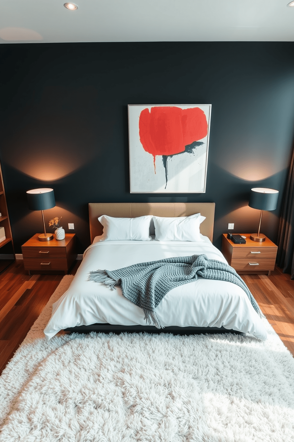 A contemporary bedroom features a statement wall adorned with large, abstract artwork that adds a pop of color and visual interest. The bed is centered in the room, dressed in crisp white linens with a textured throw blanket draped at the foot. Floor-to-ceiling windows allow natural light to flood the space, highlighting the sleek furniture and minimalist decor. A plush area rug anchors the seating area, creating a cozy nook for relaxation.