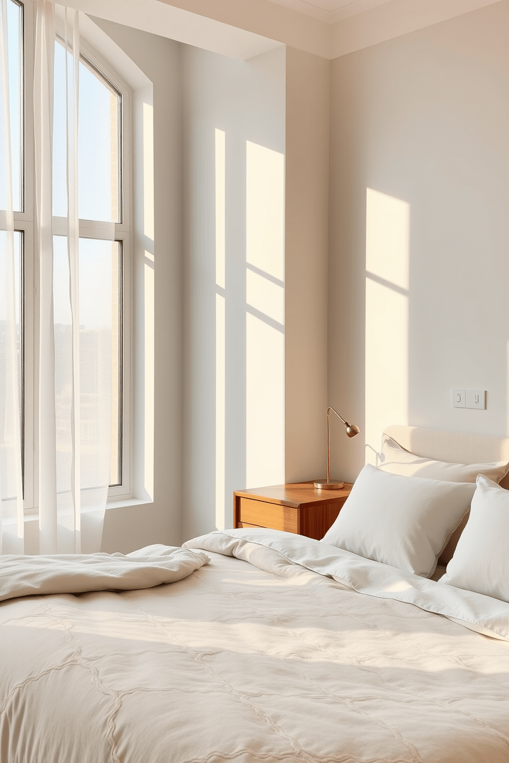 A contemporary bedroom featuring soft color palettes that evoke a sense of serenity. The walls are painted in a light pastel hue, complemented by a plush, neutral-toned bedspread and soft, fluffy pillows. Large windows allow natural light to flood the space, with sheer curtains gently diffusing the sunlight. A minimalist wooden nightstand holds a delicate lamp, casting a warm glow in the evening.