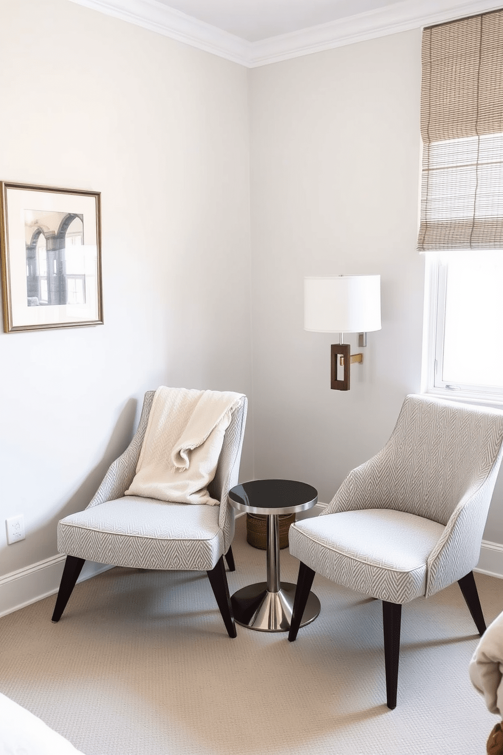 Accent chairs for additional seating. The chairs are upholstered in a soft fabric with a subtle geometric pattern, adding texture and interest to the room. In the corner of the bedroom, a pair of sleek accent chairs are positioned around a small round table. The chairs feature elegant wooden legs and are complemented by a cozy throw blanket draped over one of them.