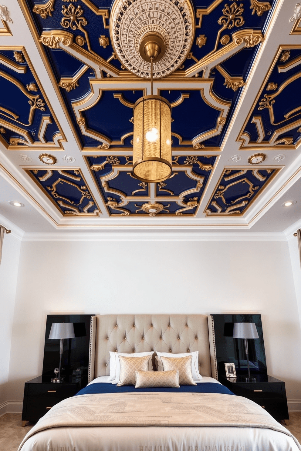 Artistic ceiling designs for drama. The ceiling features intricate plasterwork with a bold geometric pattern painted in deep blue and gold accents. Contemporary bedroom design ideas. The room includes a low-profile bed with a tufted headboard, complemented by sleek nightstands and a statement pendant light overhead.