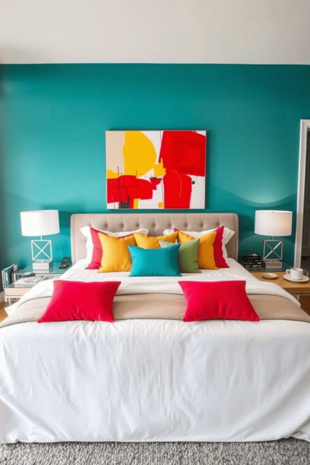 A contemporary bedroom featuring bold colors for accent walls. The main wall behind the bed is painted in a vibrant teal, contrasting with soft gray tones throughout the room. The bed is dressed in luxurious white linens with colorful throw pillows that pop against the backdrop. A sleek nightstand on either side of the bed holds modern lamps with geometric designs. A large abstract painting with bold reds and yellows hangs above the headboard. The flooring is a warm hardwood, complemented by a plush area rug in neutral tones.