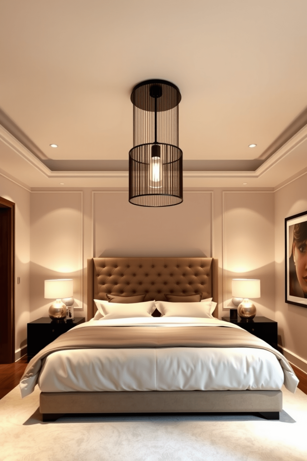 A contemporary bedroom featuring layered lighting that creates a versatile ambiance. The room includes a plush king-size bed with a tufted headboard and soft bedding, complemented by bedside tables with stylish lamps. Recessed ceiling lights provide a warm glow, while a statement pendant light hangs above the bed. Soft accent lights illuminate artwork on the walls, enhancing the overall atmosphere of relaxation and elegance.