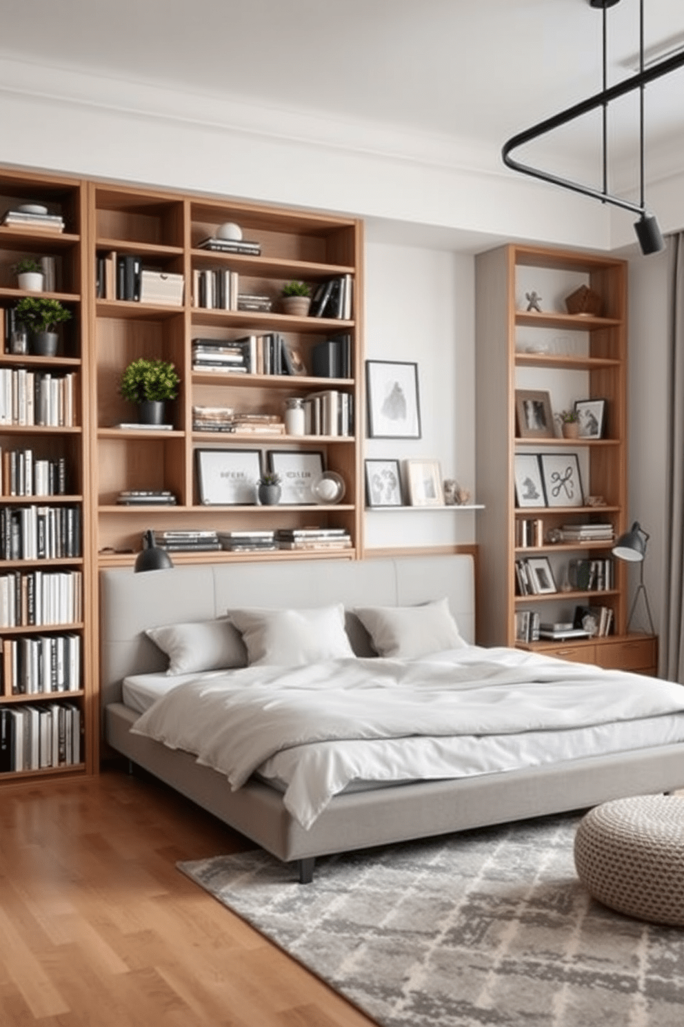 Curated bookshelves filled with an eclectic mix of books and decorative objects. The shelves are made of natural wood and are styled with plants, art pieces, and personal mementos for added character and charm. A contemporary bedroom featuring a sleek platform bed with a neutral upholstered headboard. The space is accented with modern lighting fixtures and a cozy area rug that ties together the color palette of soft grays and warm whites.