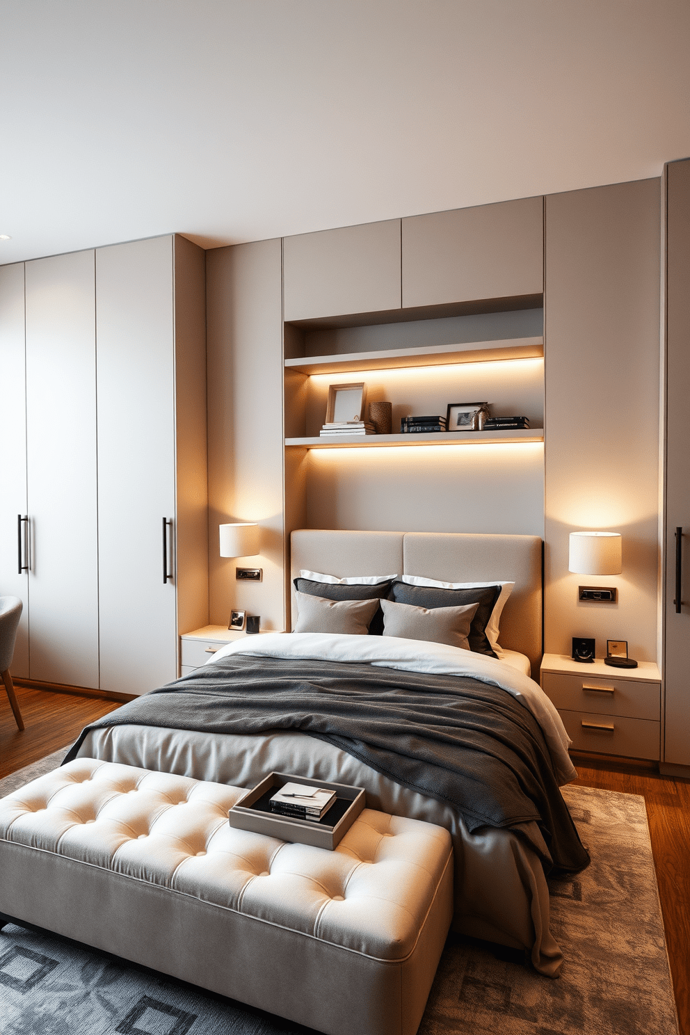 A contemporary bedroom featuring sleek built-in wardrobes that blend seamlessly with the walls. The bed is adorned with a plush headboard and layered bedding, while stylish floating shelves display decorative items and books. Incorporate multifunctional furniture such as a storage ottoman at the foot of the bed. Soft lighting from bedside lamps creates a warm ambiance, enhancing the overall minimalist aesthetic.