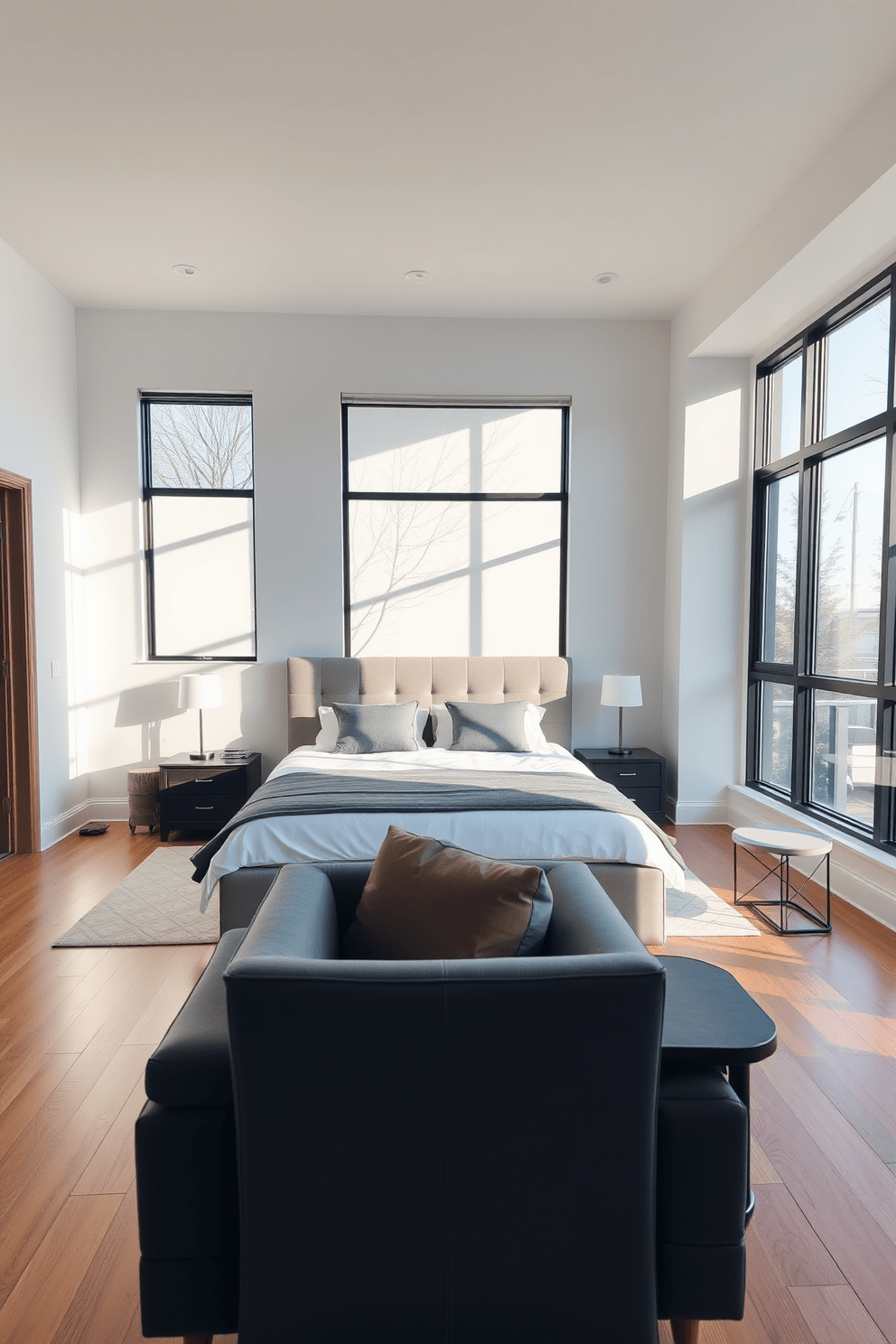 A contemporary bedroom featuring an open floor plan that emphasizes spaciousness and natural light. The room includes a king-sized bed with a sleek upholstered headboard, complemented by minimalist nightstands on either side. Large windows allow sunlight to flood the space, highlighting the warm wooden flooring. A cozy seating area with a modern armchair and a small side table creates an inviting nook for relaxation.