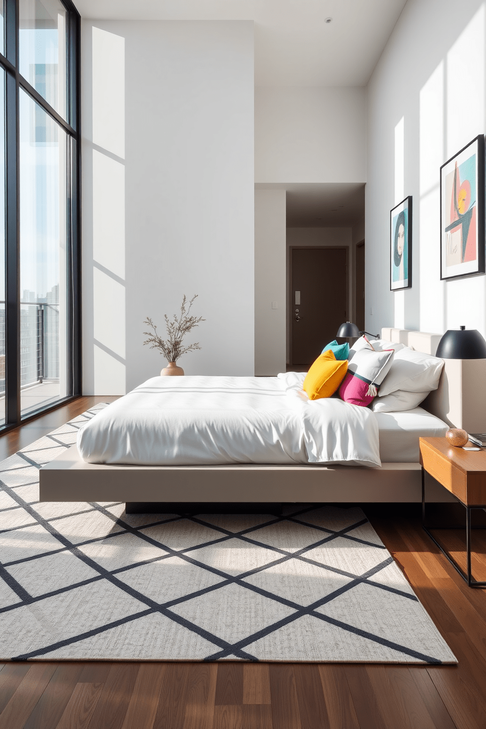 A contemporary bedroom featuring a sleek platform bed dressed in crisp white linens. Bold accent pillows in vibrant hues such as teal, mustard, and fuchsia add a pop of color to the space. Floor-to-ceiling windows allow natural light to flood the room, highlighting a minimalist design aesthetic. A geometric area rug anchors the space, complementing the modern furnishings and artwork on the walls.