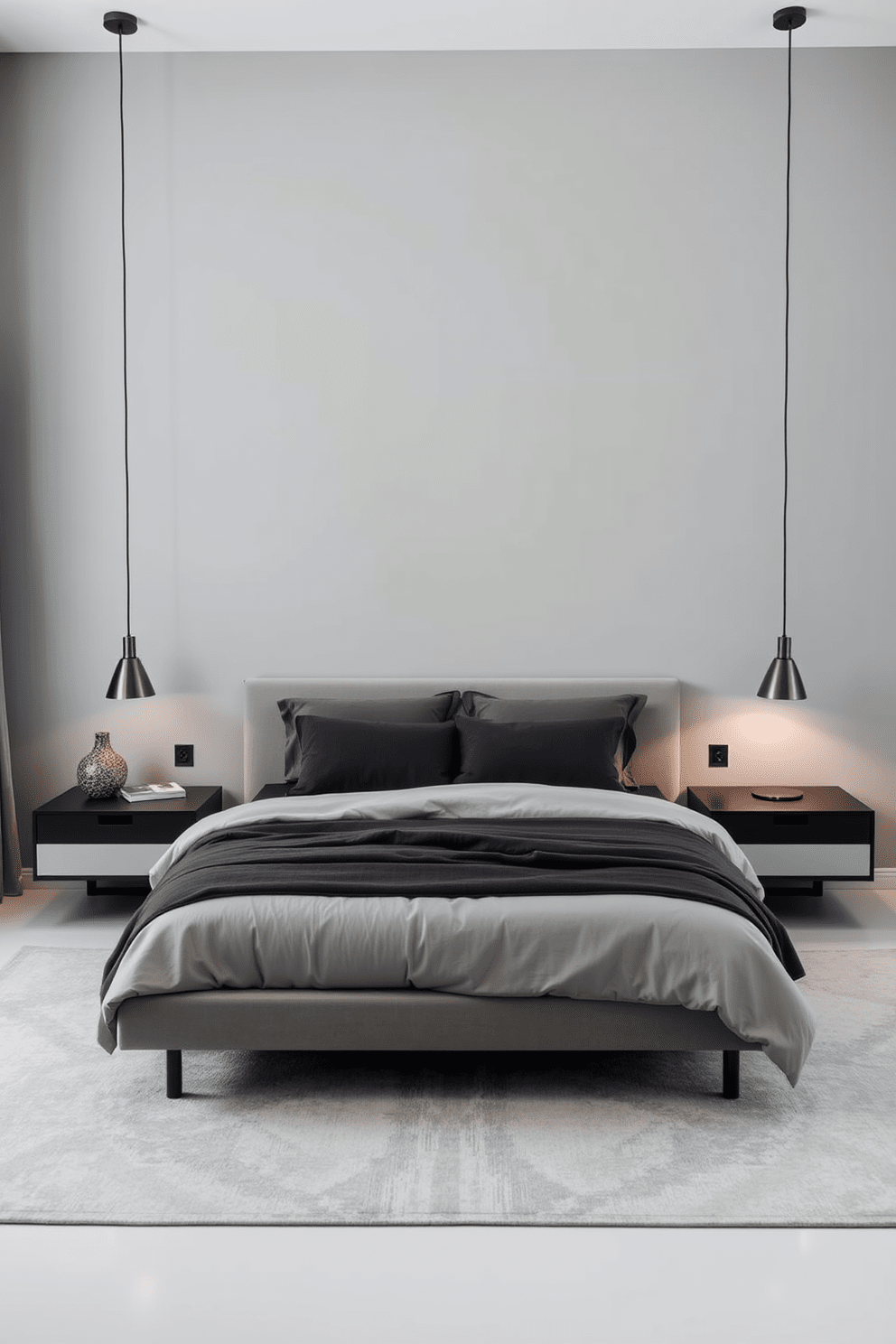 A contemporary bedroom featuring a monochromatic color scheme with varying shades of gray. The walls are painted a soft dove gray, and the bedding consists of layered textures in darker and lighter grays, creating depth and sophistication. A sleek platform bed with a minimalist design is centered against the wall, flanked by modern nightstands. Ambient lighting is provided by stylish pendant lamps, casting a warm glow over the space and enhancing the elegant atmosphere.