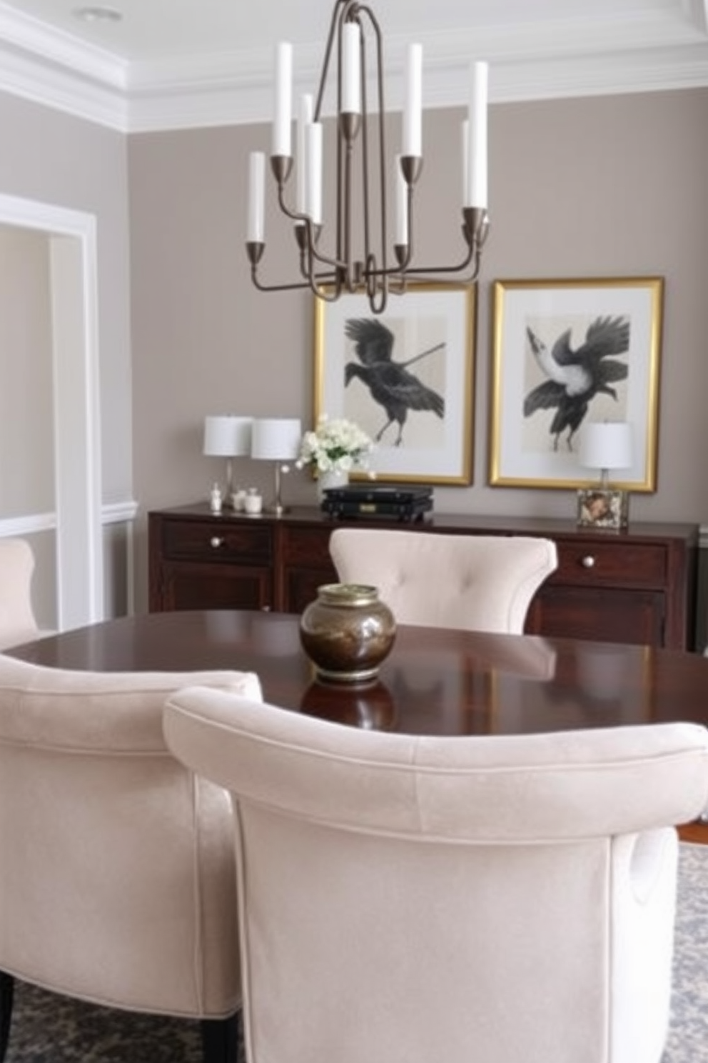 A contemporary dining room featuring high-backed chairs that enhance the overall elegance of the space. The dining table is made of dark wood, surrounded by plush upholstered chairs in a neutral fabric, creating a sophisticated yet inviting atmosphere.