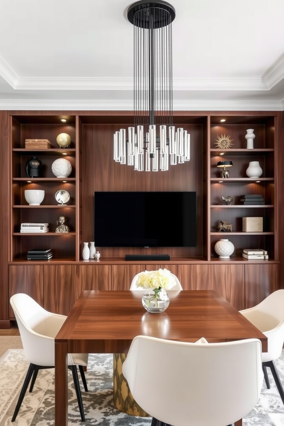 A contemporary dining room featuring built-in shelving that elegantly displays decorative items. The shelves are made of sleek wood, complemented by a modern dining table and stylish chairs arranged underneath a statement chandelier.