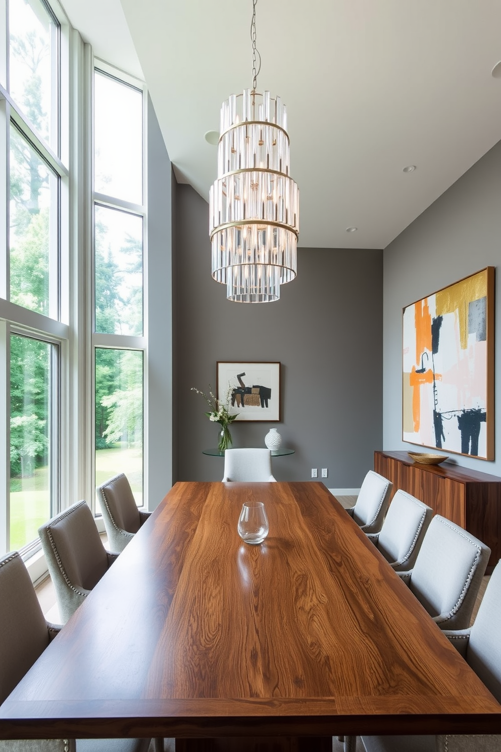 A contemporary dining room featuring large windows that flood the space with natural light. The table is a sleek rectangular design with a polished wood finish, surrounded by comfortable upholstered chairs in a neutral color palette. A statement chandelier hangs above the table, providing an elegant focal point. The walls are painted in a soft gray, and a large piece of abstract art adorns one wall, adding a pop of color to the room.